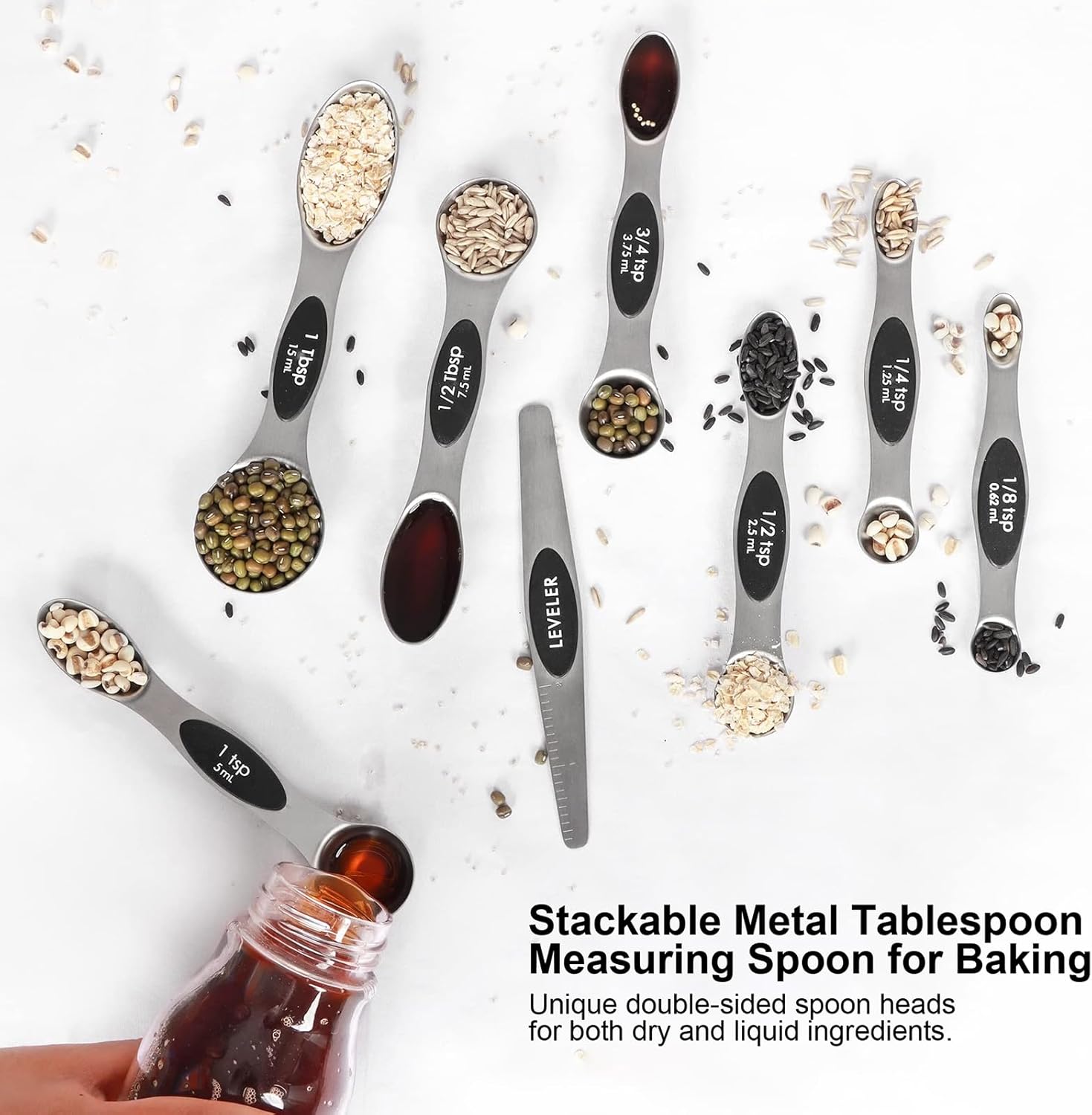 Magnetic Measuring Spoons Set Stainless Steel with Leveler, Stackable Metal Tablespoon Measure Spoon for Baking, Cups and Spoon Set Kitchen Gadgets Apartment Essentials Fits in Spice Jars - Image 6
