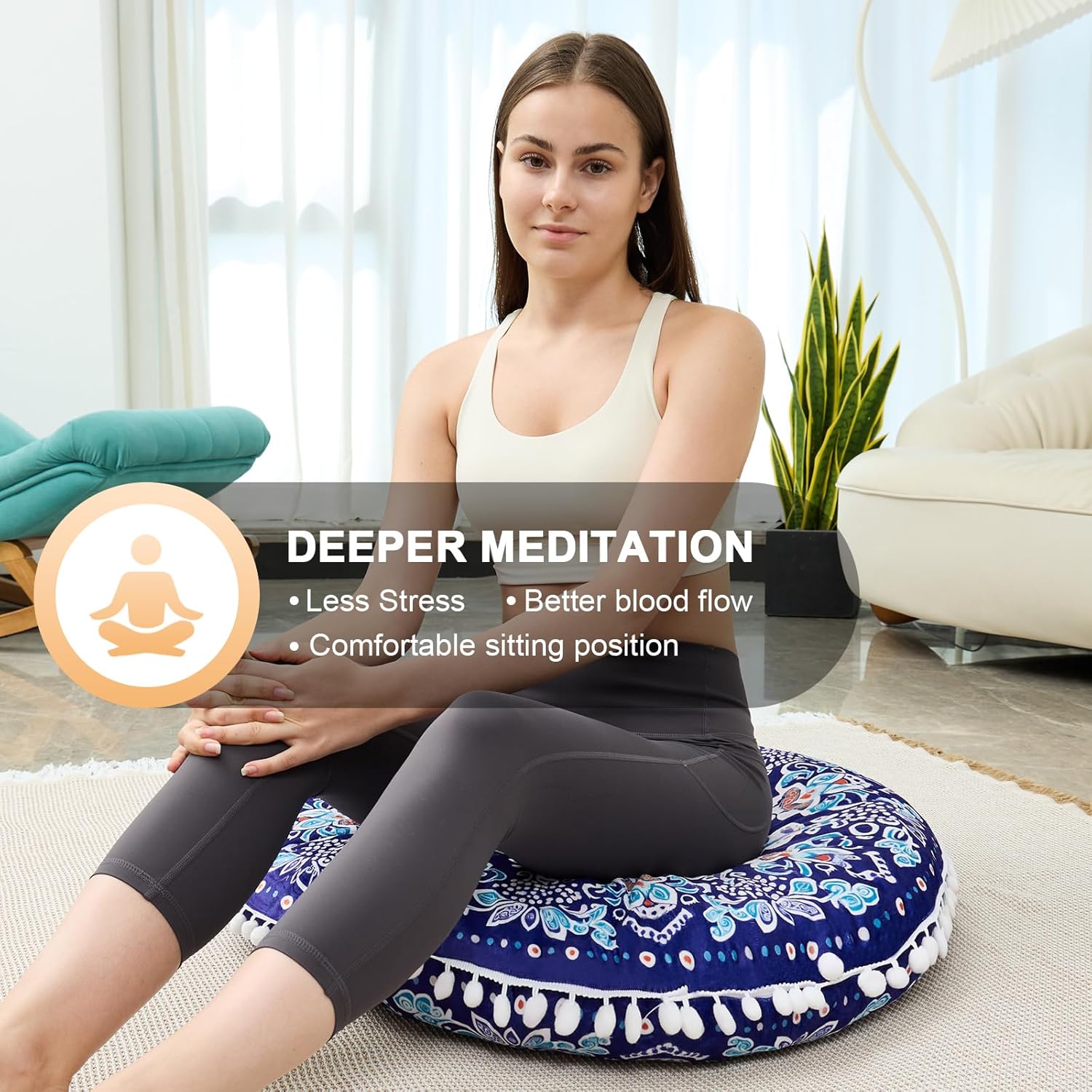 32 in Meditation Floor Cushion, Round Large Floor Pillow for Adult, Yoga Pillows for Sitting On Floor, Boho, Memory Foam Filling - Image 5