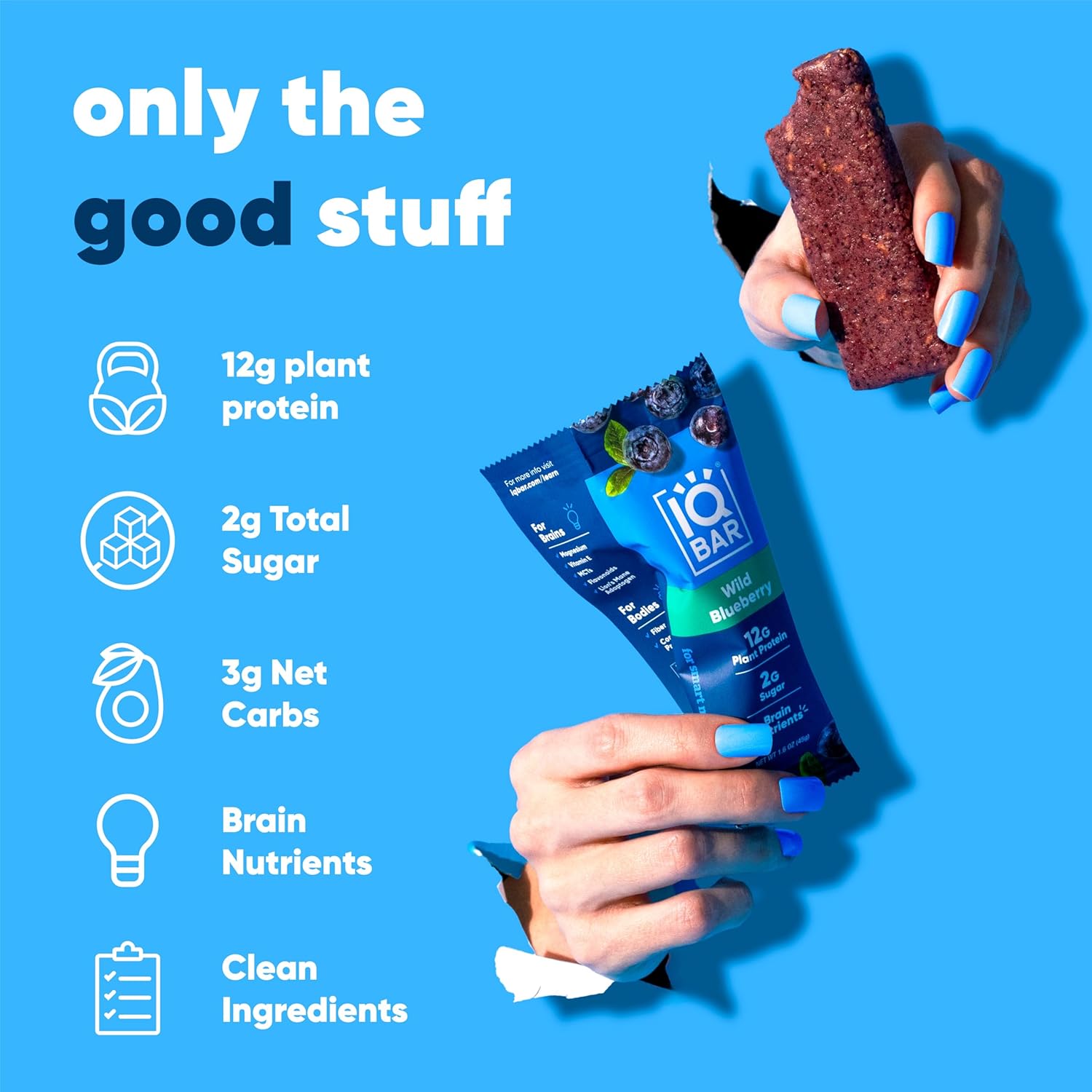 IQBAR Clean Plant Protein Bars - Wild Blueberry - 12 Count - Keto, Vegan, High Fiber, Gluten and Dairy Free, Low Sugar Snack - Brain and Body Nutrients for Focus, Energy, Meal Replacement - Image 4