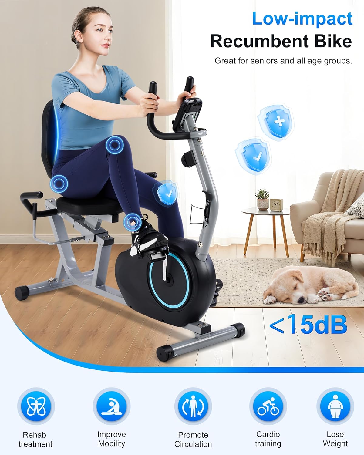 Recumbent Exercise Bike for Seniors - 400LB Weight Capacity Recumbent Bikes with Comfortable Seat, Pulse Sensor, 16-level Resistance, LCD Monitor - Image 3