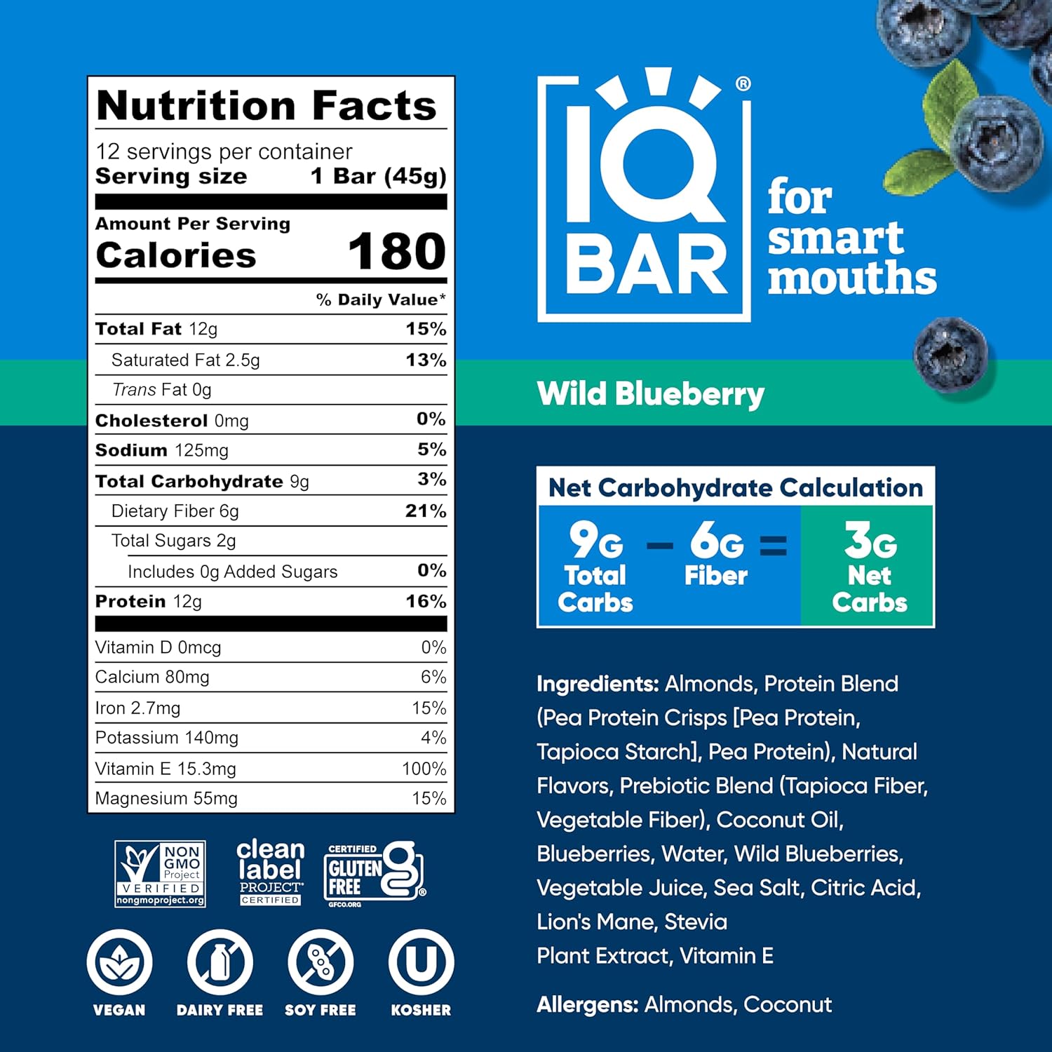 IQBAR Clean Plant Protein Bars - Wild Blueberry - 12 Count - Keto, Vegan, High Fiber, Gluten and Dairy Free, Low Sugar Snack - Brain and Body Nutrients for Focus, Energy, Meal Replacement - Image 3