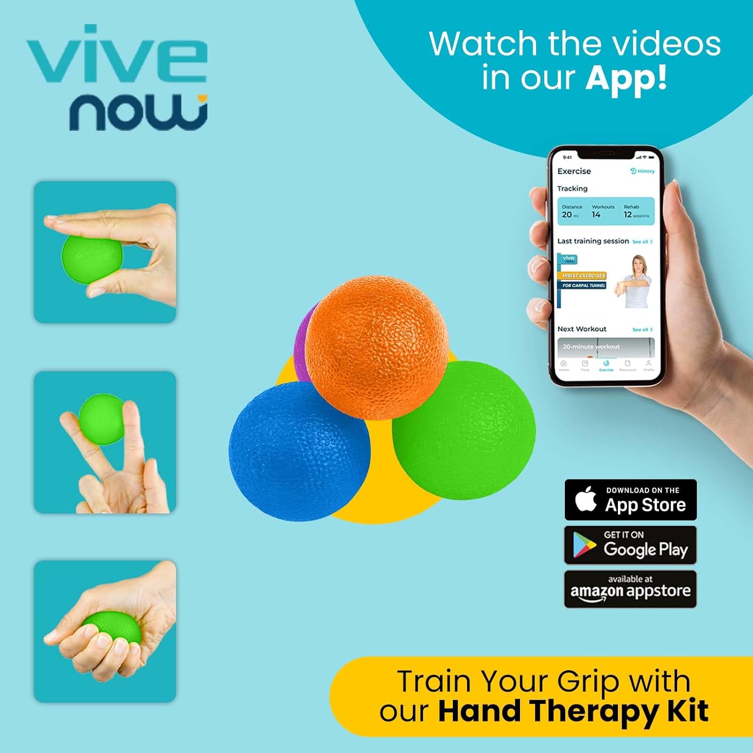 Vive Squeeze Balls for Hand Therapy, Exercise, Arthritis (w/Rehab Video App) - Grip Strengthener Occupational Equipment for Finger, Wrist, Carpal Tunnel, Pain Relief - Image 3