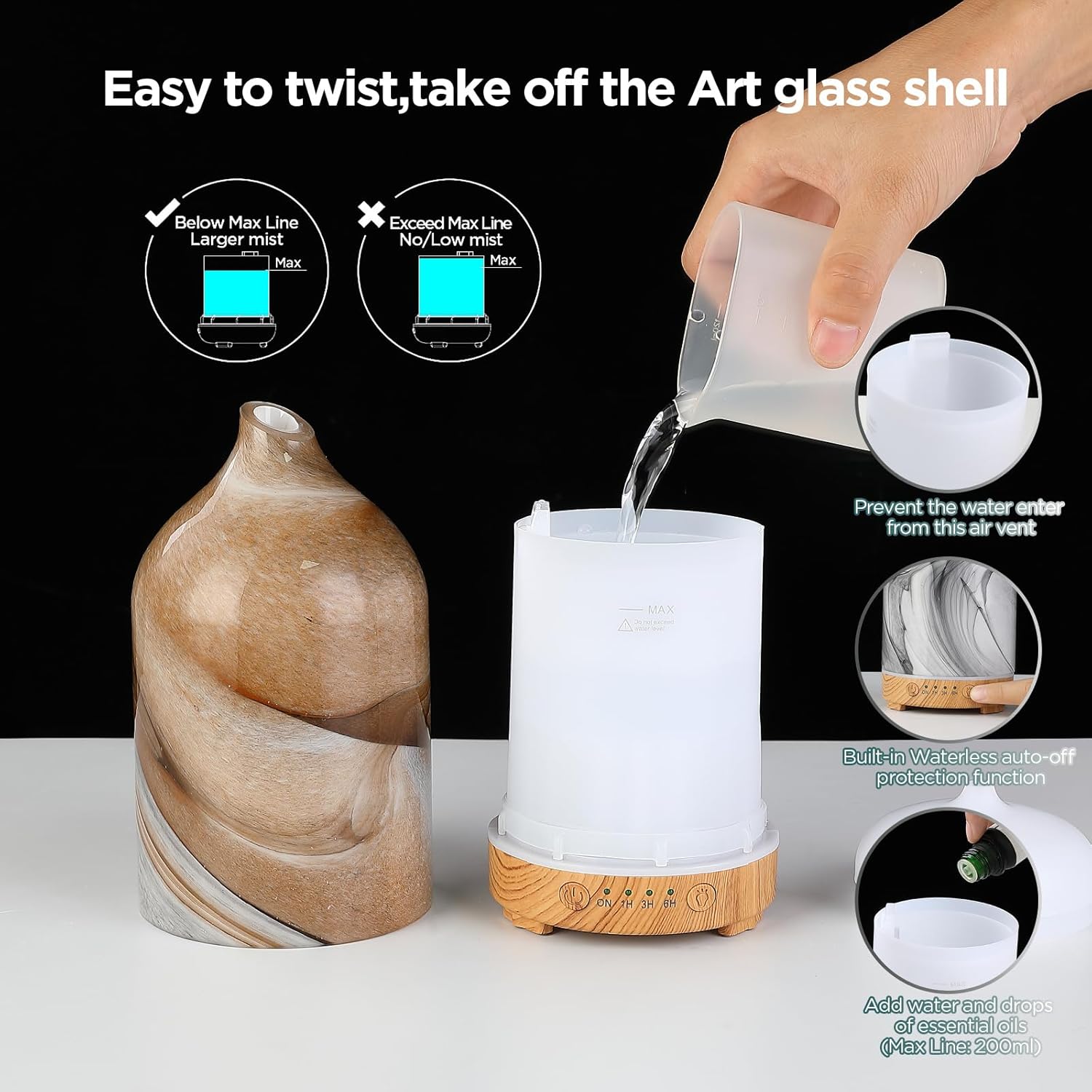 Essential Oil Diffuser Hand Blown Glass Aromatherapy Diffuser - Ultrasonic Cool Mist Scent Aroma Diffuser, Whisper Quiet with Auto Shut-Off, Timer Setting &7 Colors Night Light for Home - Image 8