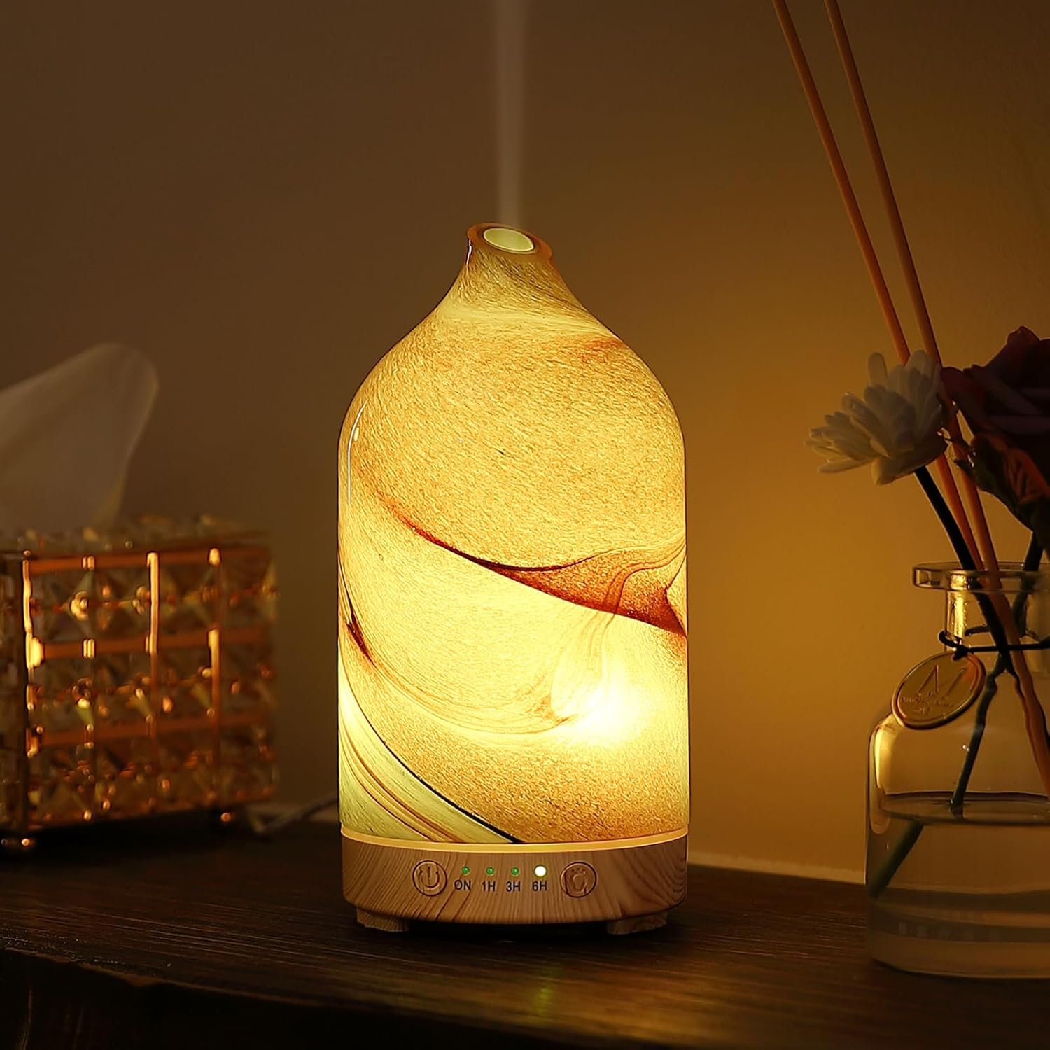 Essential Oil Diffuser Hand Blown Glass Aromatherapy Diffuser - Ultrasonic Cool Mist Scent Aroma Diffuser, Whisper Quiet with Auto Shut-Off, Timer Setting &7 Colors Night Light for Home - Image 2