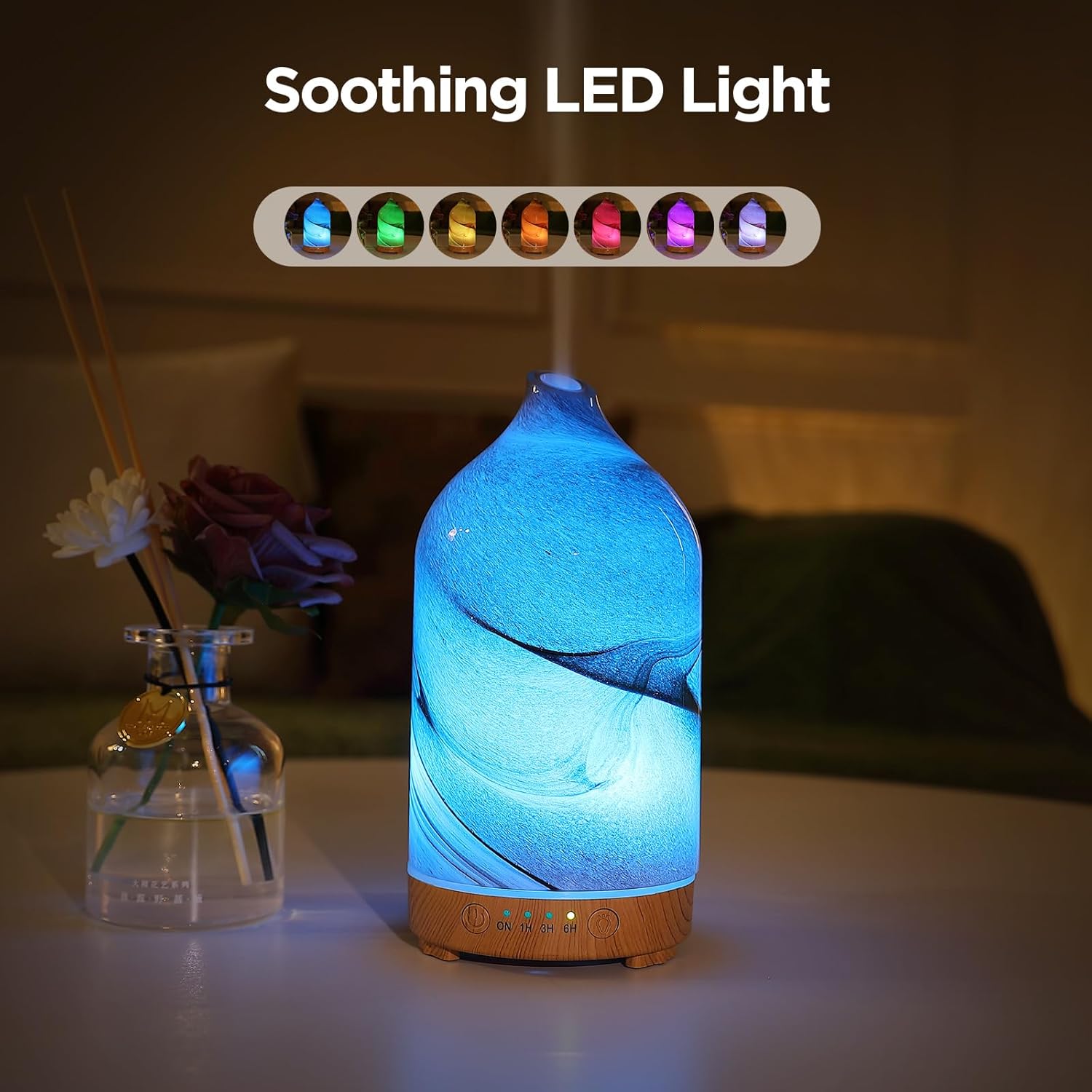 Essential Oil Diffuser Hand Blown Glass Aromatherapy Diffuser - Ultrasonic Cool Mist Scent Aroma Diffuser, Whisper Quiet with Auto Shut-Off, Timer Setting &7 Colors Night Light for Home - Image 3