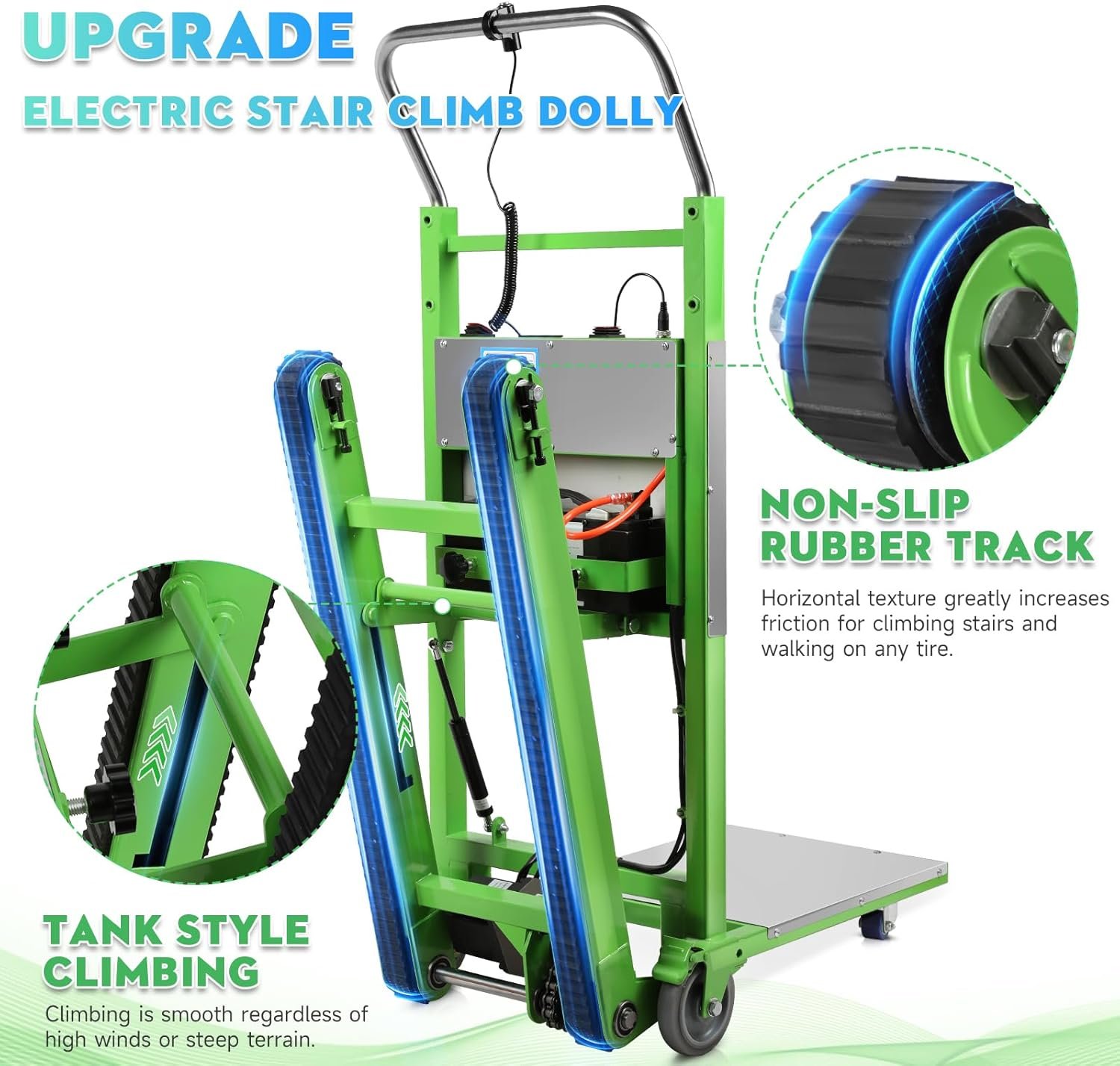 Electric Stair Climbing Dolly, 1250W Electric Stair Climbing Hand Truck, 900lbs Max Load Capacity, 3 Mode Folding Stair Climber Hand Truck with Telescopic Handle for Moving (Green+Black) - Image 3