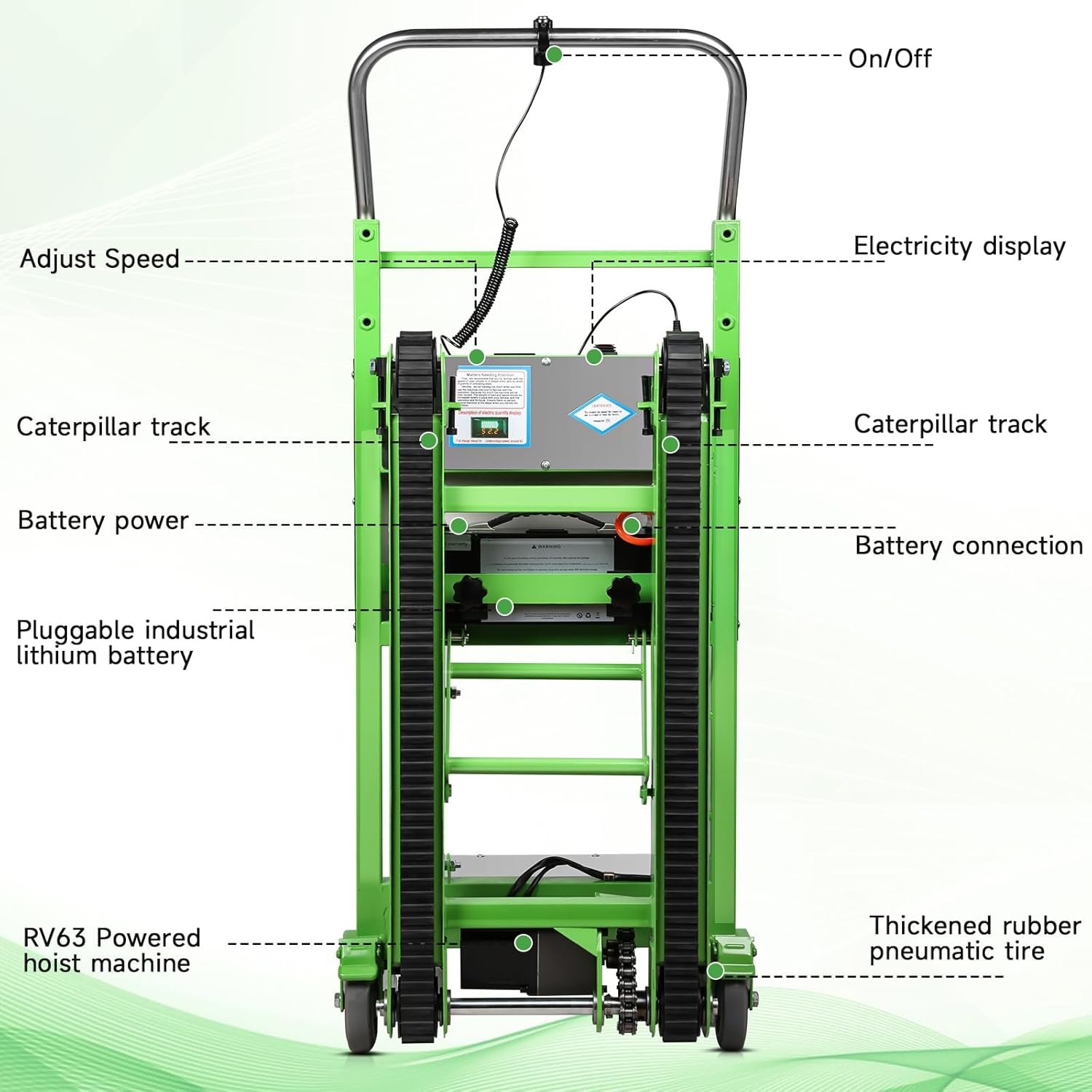 Electric Stair Climbing Dolly, 1250W Electric Stair Climbing Hand Truck, 900lbs Max Load Capacity, 3 Mode Folding Stair Climber Hand Truck with Telescopic Handle for Moving (Green+Black) - Image 7