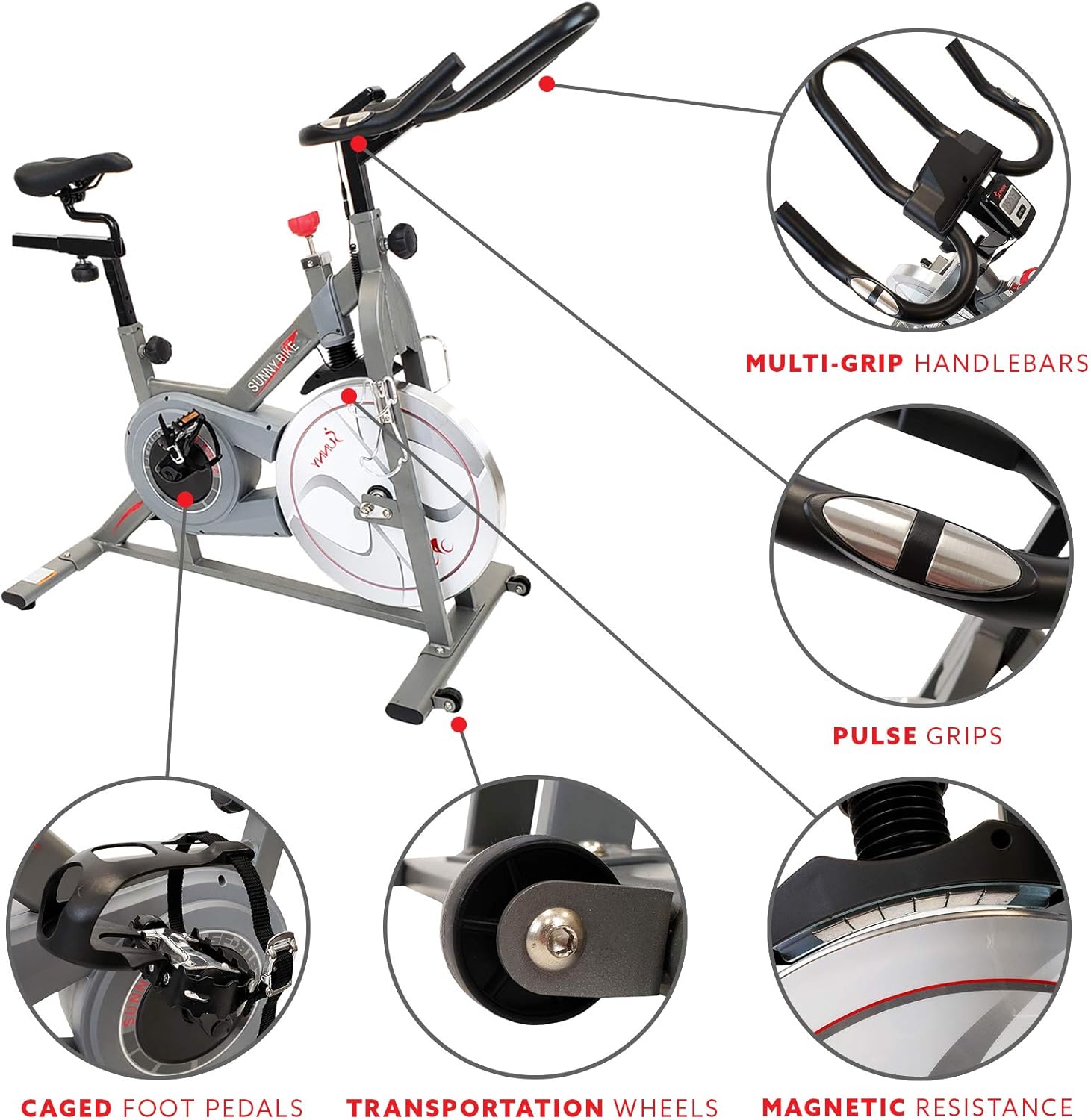 Sunny Health & Fitness Indoor Cycling Exercise Bike w/Pulse Sensors & 4-Way Adjustable Seat, Stationary Home Cardio Training Machine w/Micro-Adjustable Magnetic Resistance for Intensive Cardio Session - Image 5