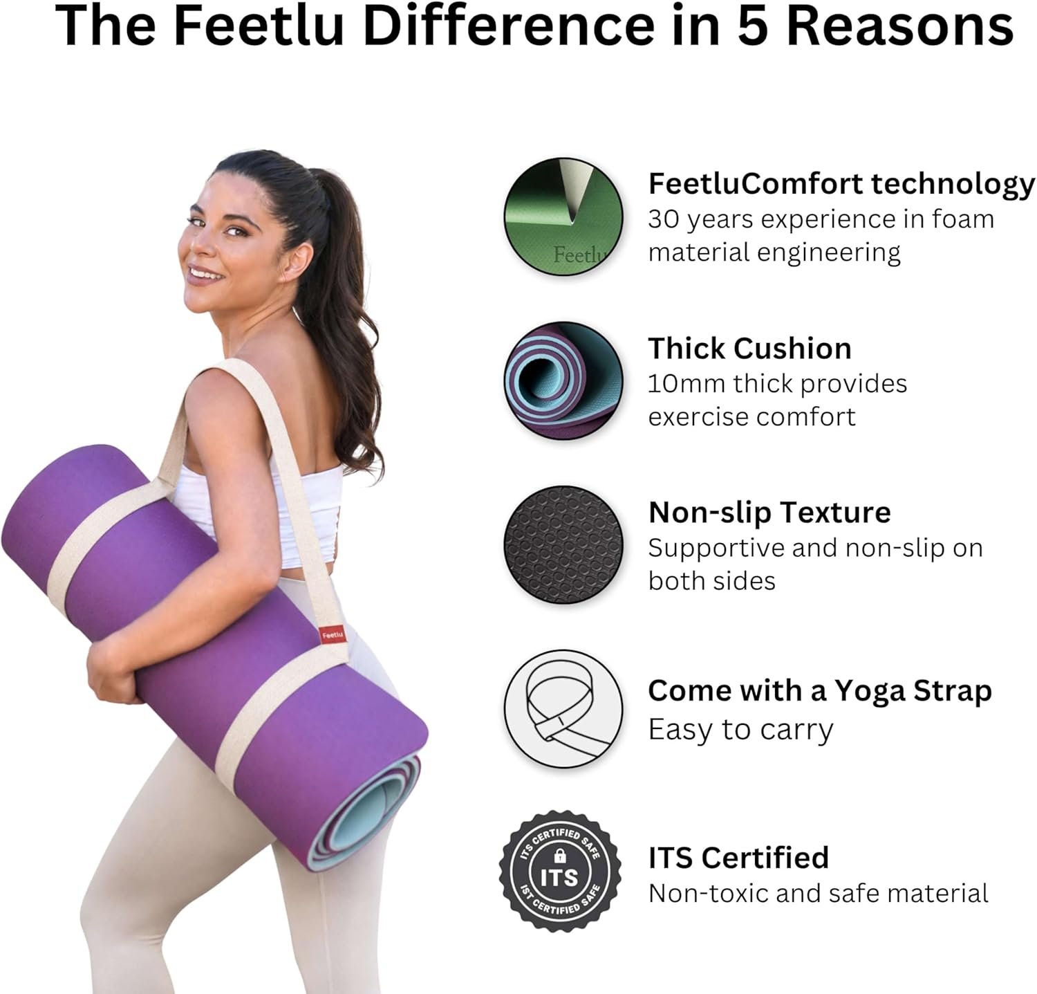 Extra Thick Yoga Mat with Carry Strap, 10mm Non-Slip Exercise Mat, 72 x 24 Inch Cushioned Workout Mat for Yoga, Pilates, Stretching & Floor Exercises - Image 6
