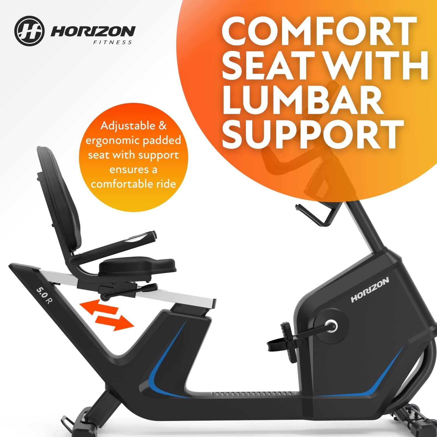 Horizon Fitness 5.0R Recumbent Bike, Fitness & Cardio, Magnetic Resistance Cycling Bike with Bluetooth, Comfort Seat with Lumbar Support, Step-through Frame, and 350lb Weight Capacity - Image 7