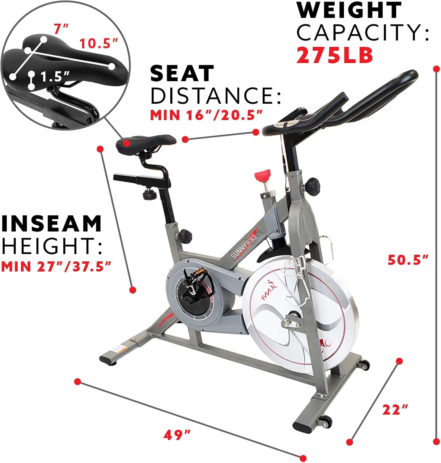 Sunny Health & Fitness Indoor Cycling Exercise Bike w/Pulse Sensors & 4-Way Adjustable Seat, Stationary Home Cardio Training Machine w/Micro-Adjustable Magnetic Resistance for Intensive Cardio Session - Image 6