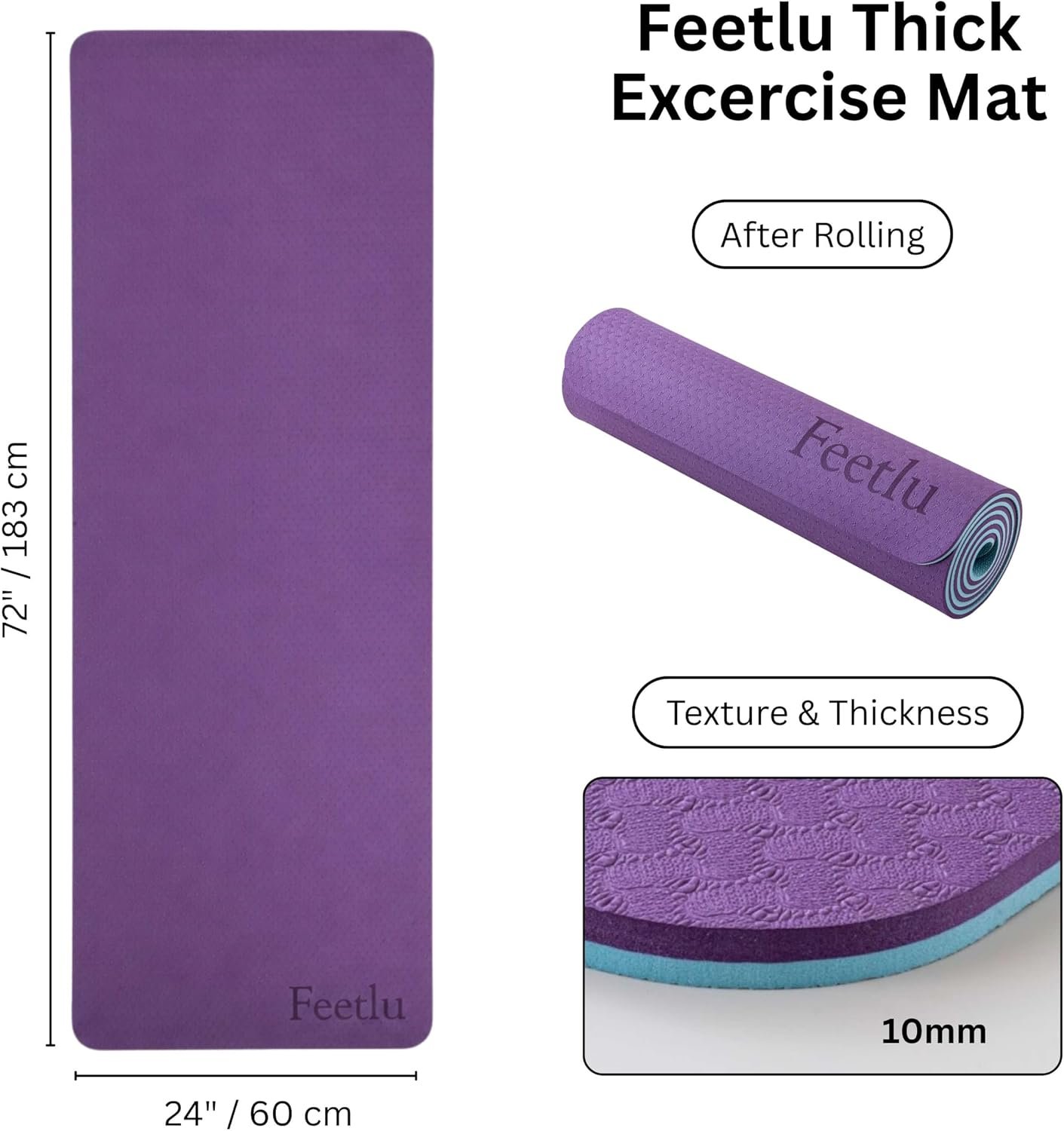 Extra Thick Yoga Mat with Carry Strap, 10mm Non-Slip Exercise Mat, 72 x 24 Inch Cushioned Workout Mat for Yoga, Pilates, Stretching & Floor Exercises - Image 3
