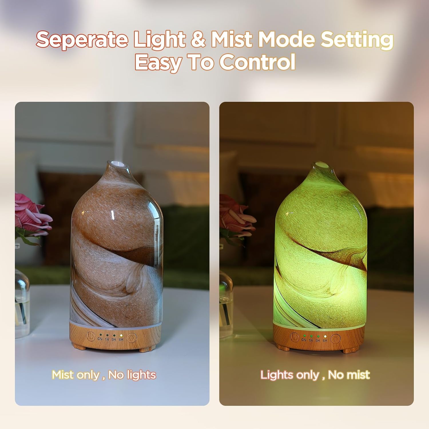 Essential Oil Diffuser Hand Blown Glass Aromatherapy Diffuser - Ultrasonic Cool Mist Scent Aroma Diffuser, Whisper Quiet with Auto Shut-Off, Timer Setting &7 Colors Night Light for Home - Image 6