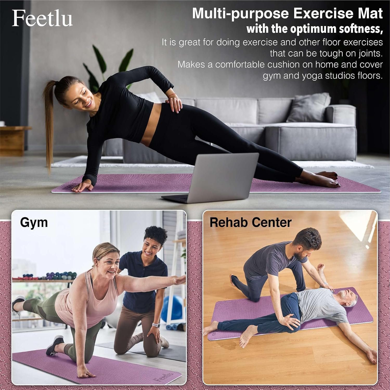Extra Thick Yoga Mat with Carry Strap, 10mm Non-Slip Exercise Mat, 72 x 24 Inch Cushioned Workout Mat for Yoga, Pilates, Stretching & Floor Exercises - Image 8