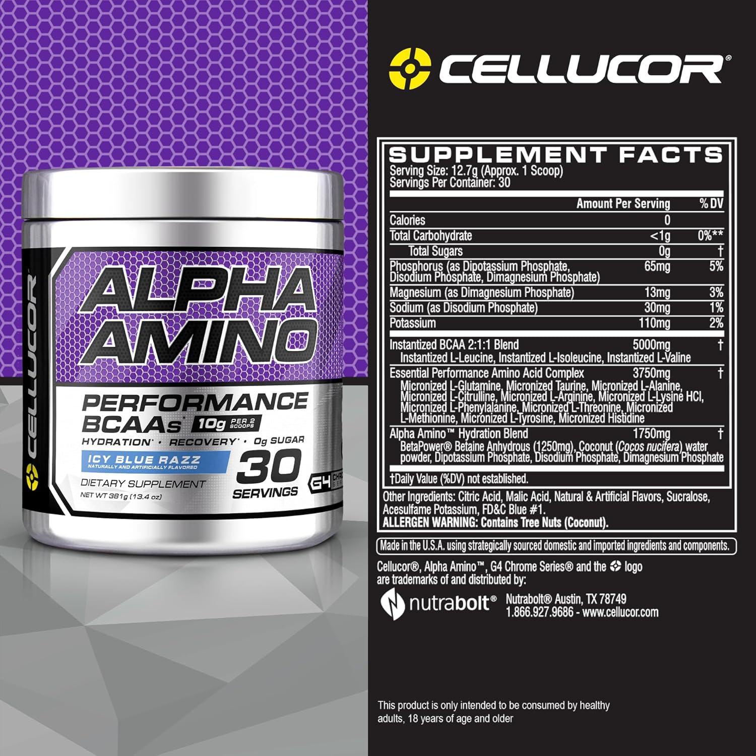 Cellucor Alpha Amino EAA & BCAA Powder | Branched Chain Essential Amino Acids + Electrolytes | ICY Blue Razz | 30 Servings - Image 3