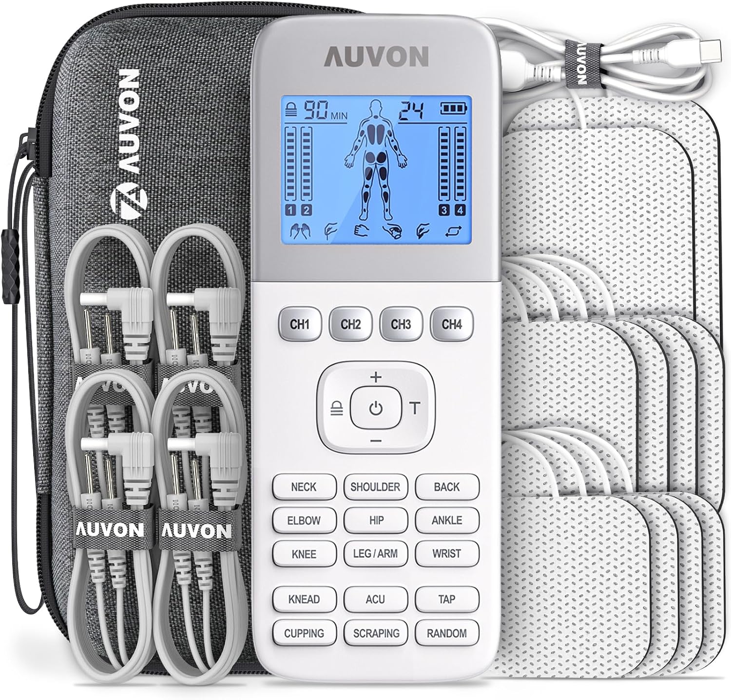 AUVON 4 Outputs TENS Unit 24 Modes Muscle Stimulator with EVA Travel Case, Rechargeable TENS EMS Machine with Easy-to-Select Button Design for Pain Relief, 2X Battery Life, 10 Electrode Pads - Image 2