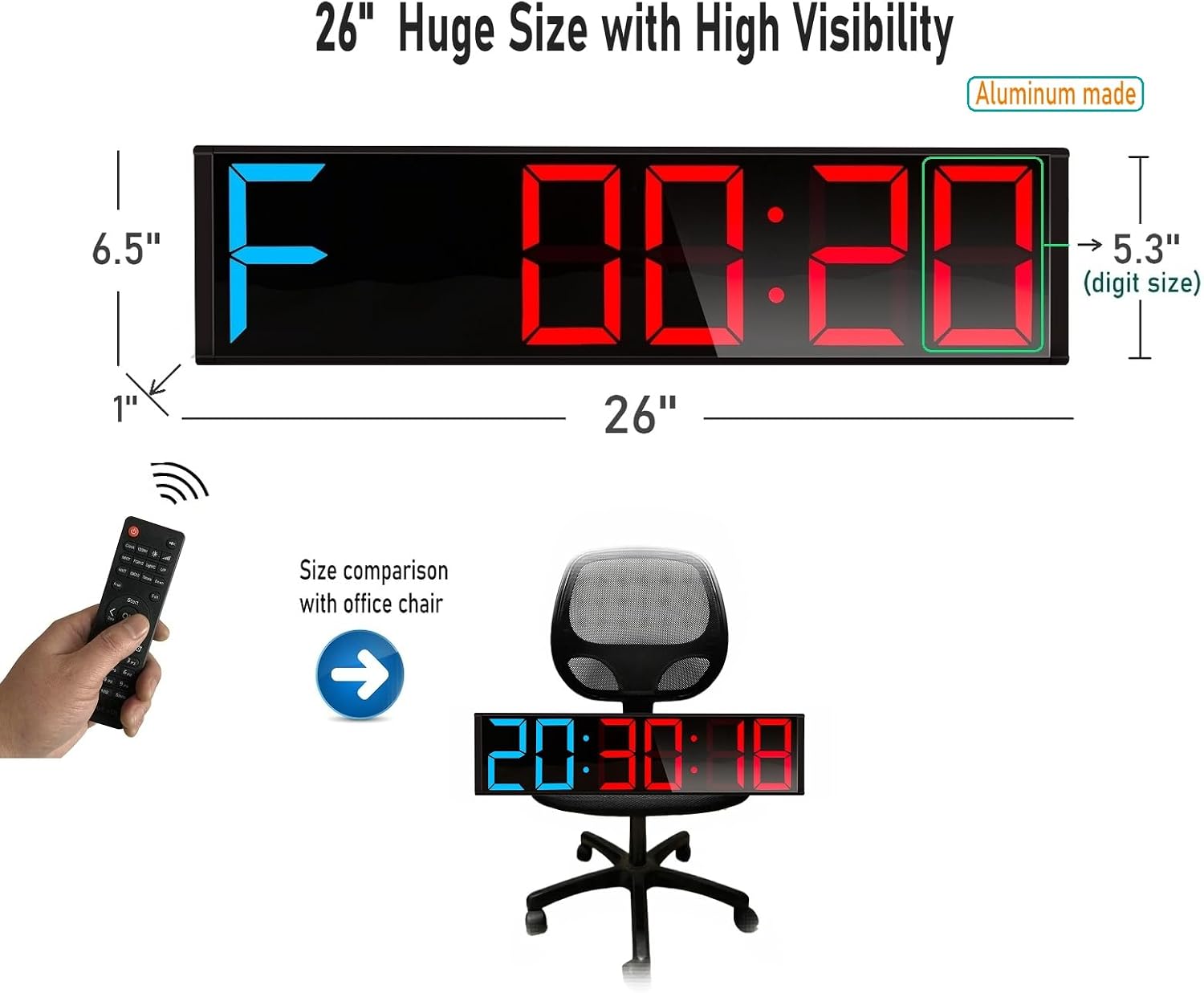 26'' Huge Home Gym Interval Workout Timers, Digital Wall Clock, with Countdown, Stopwatch, 7-Color Light, 8-Alarms, Calendar/Temperature Display, for HIIT/Tabata/FGB/EMOM (Blue & Red) - Image 3