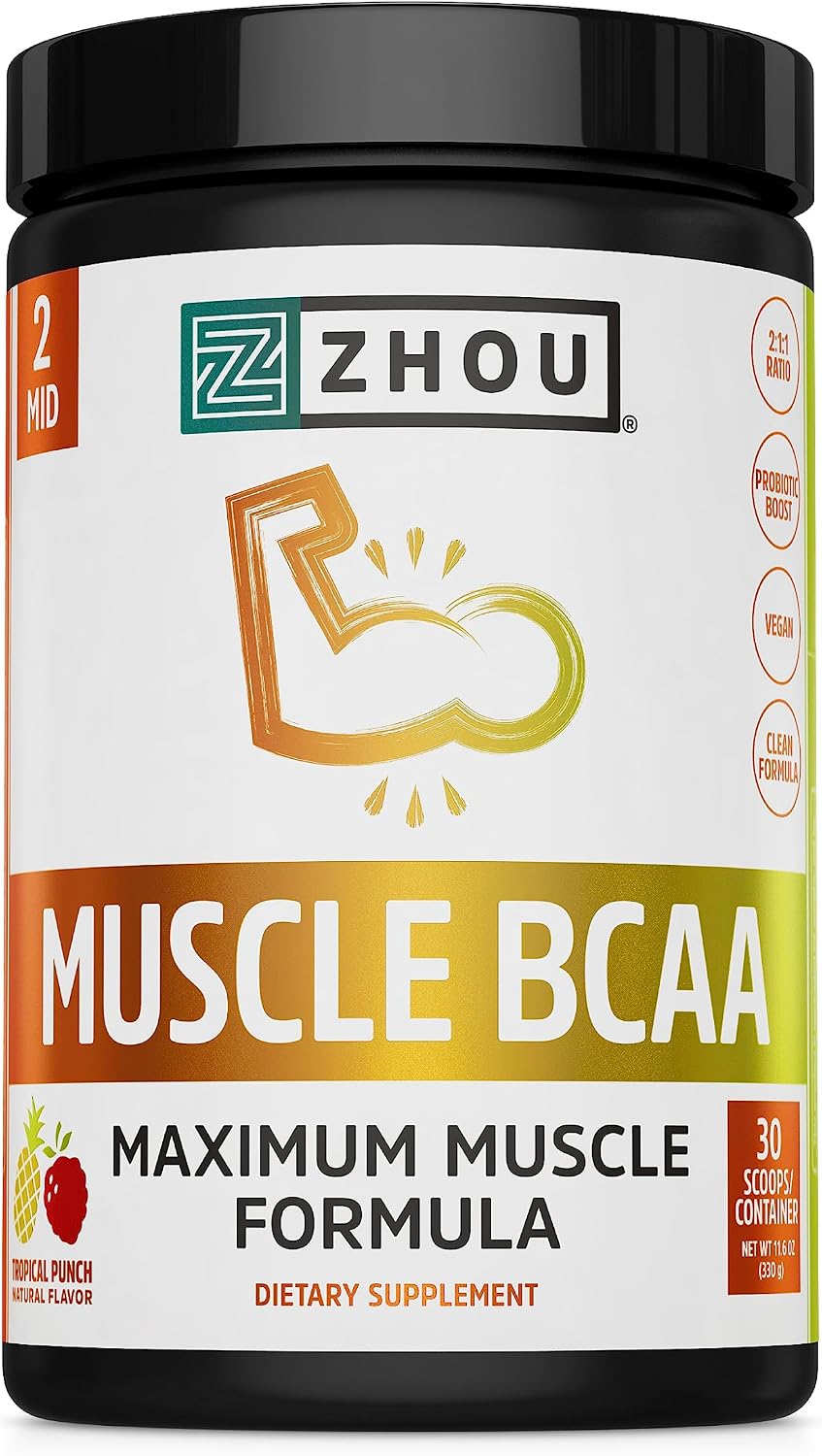 Zhou Muscle BCAA - Vegan BCAA Powder, BCAA Supplements for Men & Women, Support Muscle Recovery, Pre Workout Drink for Energy, All Natural Branched Chain BCAAs - Unflavored, 11.5 oz (30 Servings) - Image 2