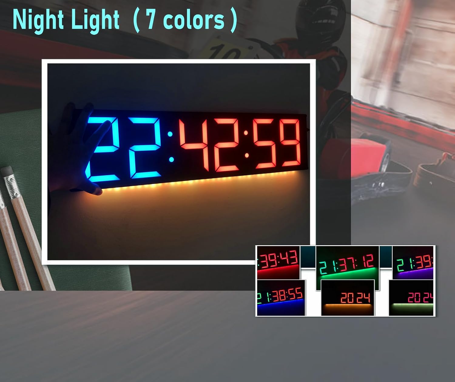 26'' Huge Home Gym Interval Workout Timers, Digital Wall Clock, with Countdown, Stopwatch, 7-Color Light, 8-Alarms, Calendar/Temperature Display, for HIIT/Tabata/FGB/EMOM (Blue & Red) - Image 7