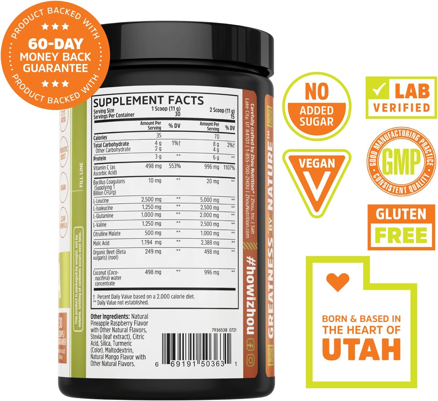 Zhou Muscle BCAA - Vegan BCAA Powder, BCAA Supplements for Men & Women, Support Muscle Recovery, Pre Workout Drink for Energy, All Natural Branched Chain BCAAs - Unflavored, 11.5 oz (30 Servings) - Image 3