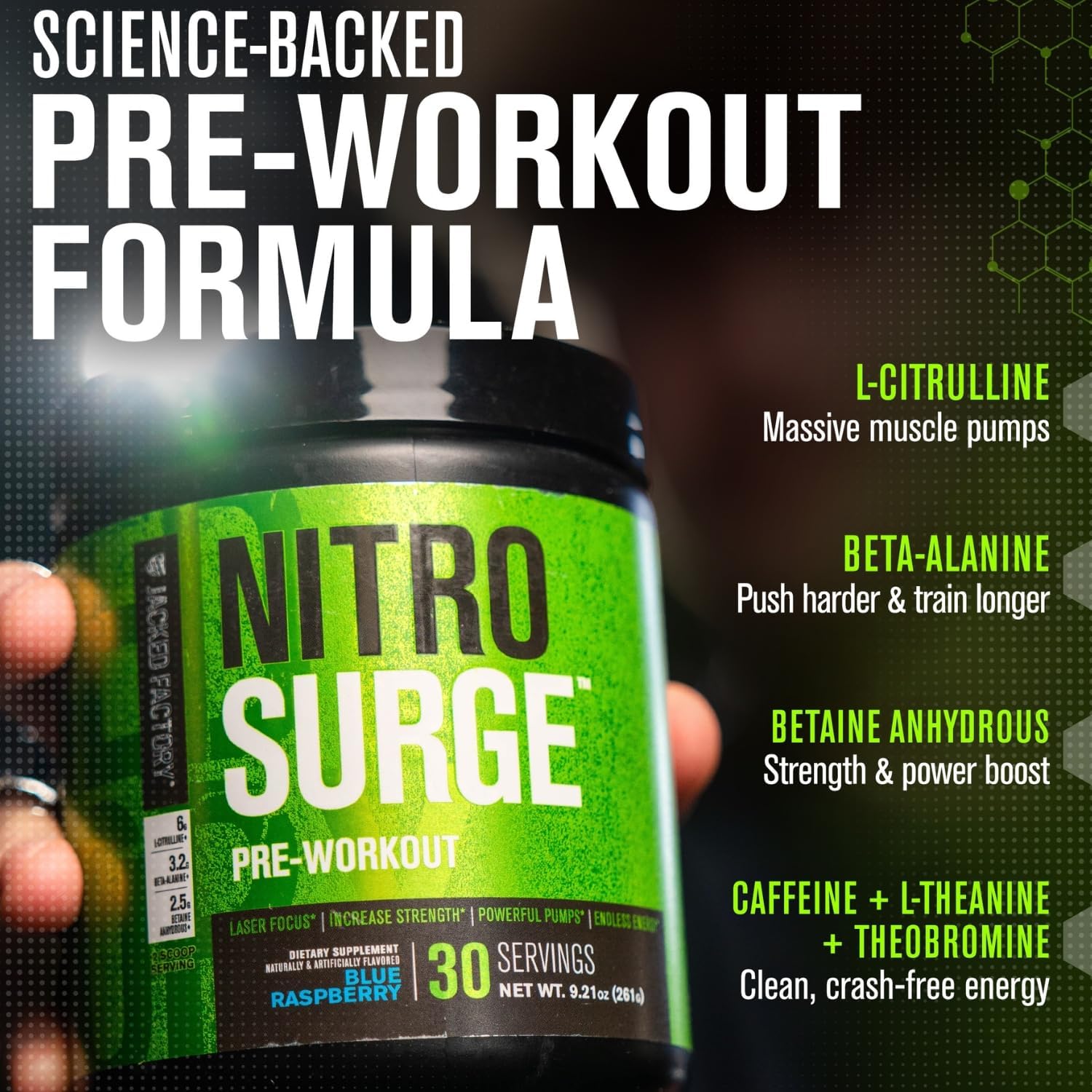 Jacked Factory NITROSURGE Pre Workout Supplement - Endless Energy, Instant Strength Gains, Clear Focus, Intense Pumps - NO Booster & Powerful Preworkout Energy Powder - 30 Servings, Green Apple - Image 4