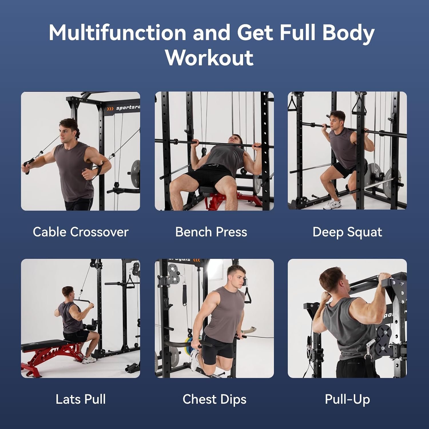 Sportsroyals Power Cage, Multi-Functional Squat Rack, Power Rack with Pulley System & LAT Pull Down, Workout Cage with J Hooks for Home Gym - Image 7