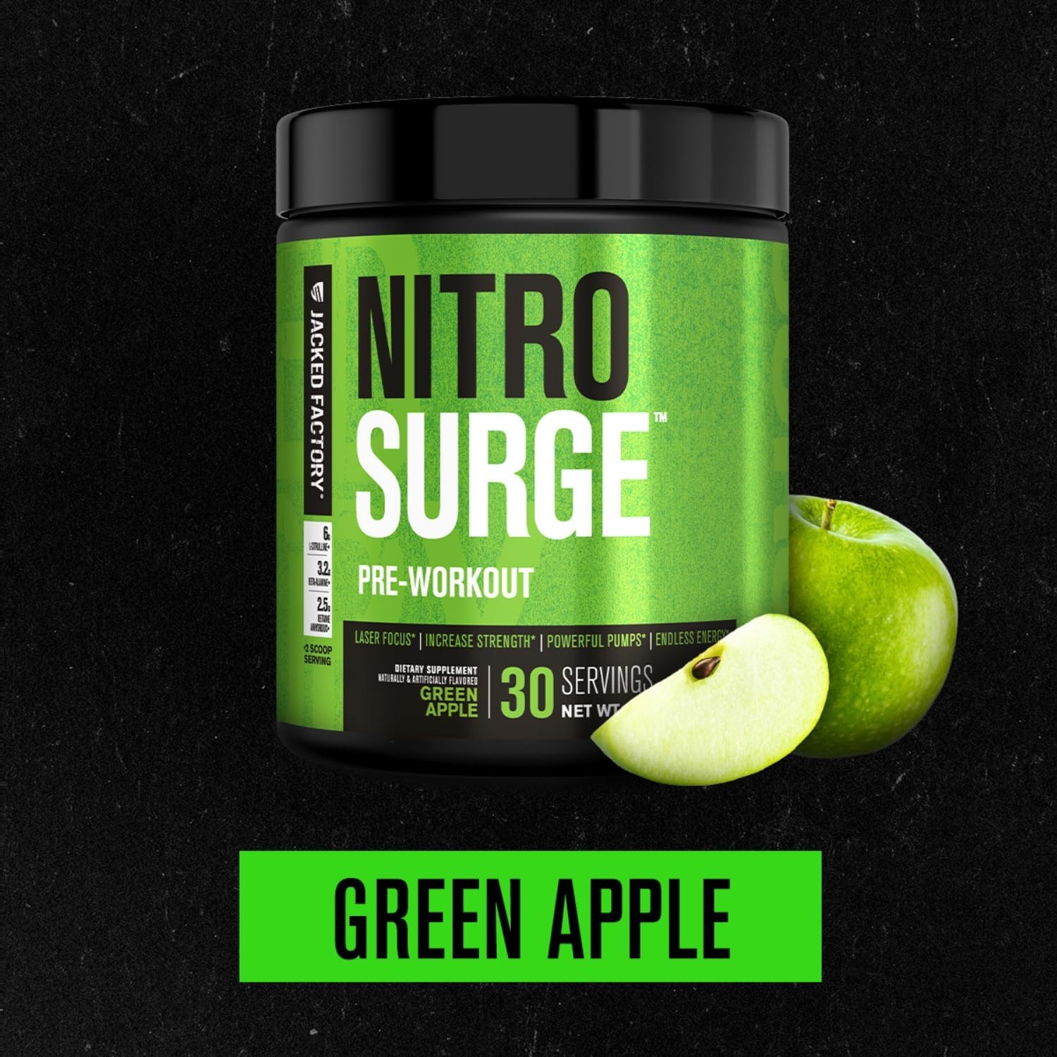 Jacked Factory NITROSURGE Pre Workout Supplement - Endless Energy, Instant Strength Gains, Clear Focus, Intense Pumps - NO Booster & Powerful Preworkout Energy Powder - 30 Servings, Green Apple - Image 3