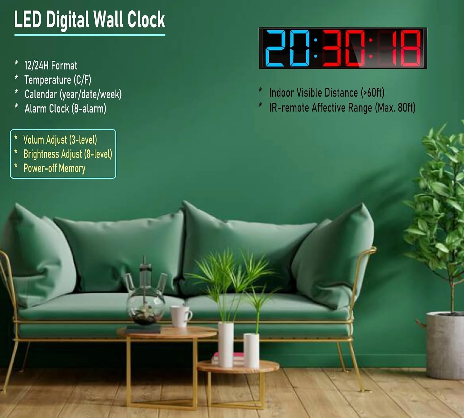 26'' Huge Home Gym Interval Workout Timers, Digital Wall Clock, with Countdown, Stopwatch, 7-Color Light, 8-Alarms, Calendar/Temperature Display, for HIIT/Tabata/FGB/EMOM (Blue & Red) - Image 6