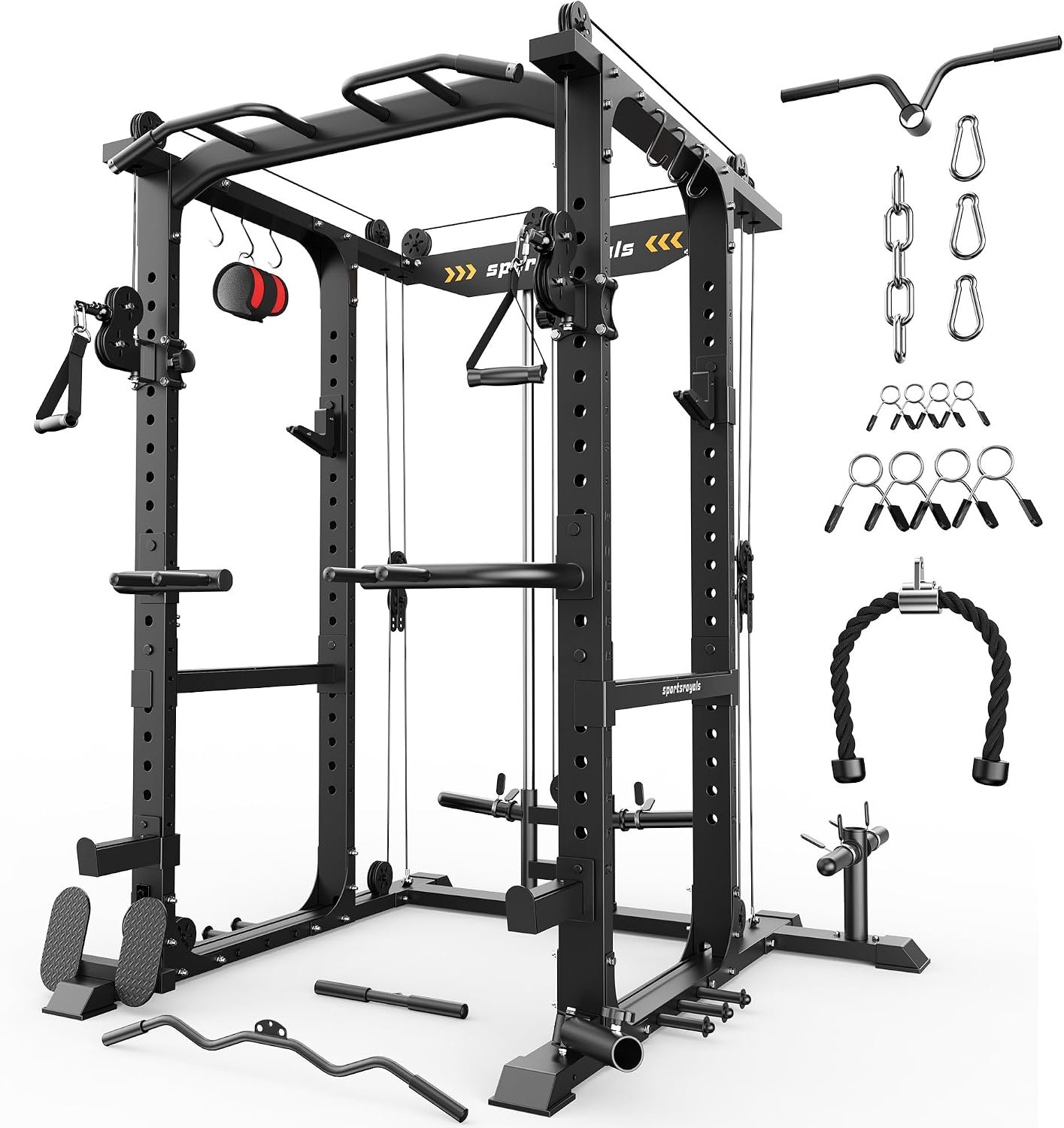 Sportsroyals Power Cage, Multi-Functional Squat Rack, Power Rack with Pulley System & LAT Pull Down, Workout Cage with J Hooks for Home Gym - Image 2