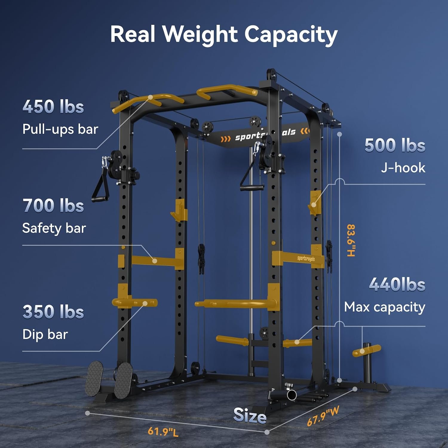 Sportsroyals Power Cage, Multi-Functional Squat Rack, Power Rack with Pulley System & LAT Pull Down, Workout Cage with J Hooks for Home Gym - Image 4