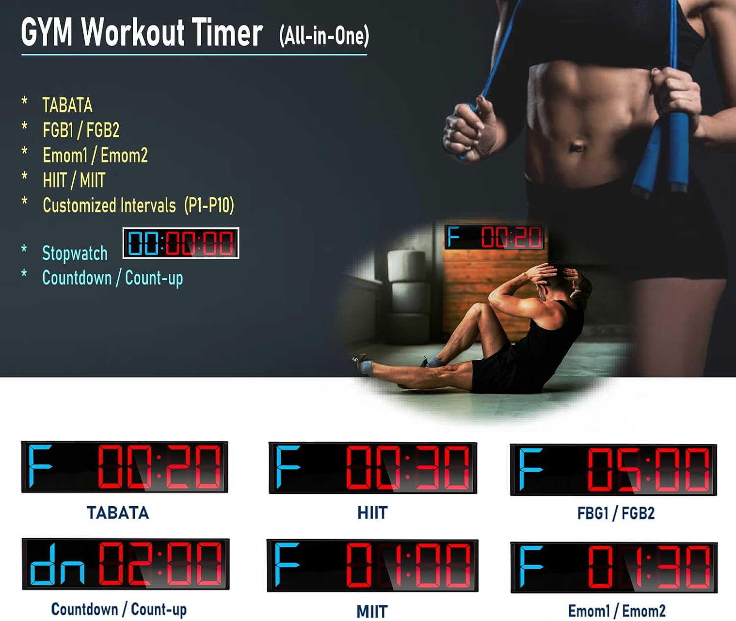 26'' Huge Home Gym Interval Workout Timers, Digital Wall Clock, with Countdown, Stopwatch, 7-Color Light, 8-Alarms, Calendar/Temperature Display, for HIIT/Tabata/FGB/EMOM (Blue & Red) - Image 4