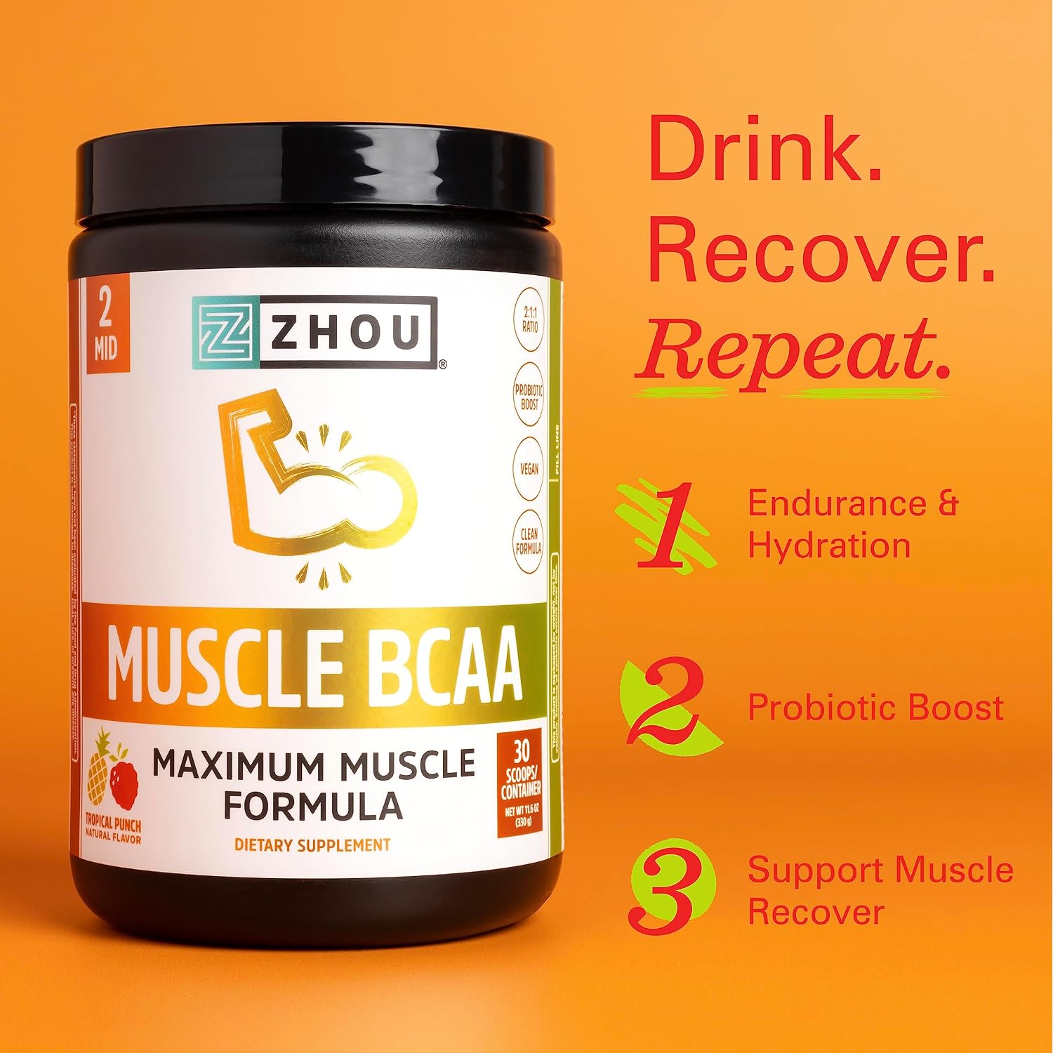 Zhou Muscle BCAA - Vegan BCAA Powder, BCAA Supplements for Men & Women, Support Muscle Recovery, Pre Workout Drink for Energy, All Natural Branched Chain BCAAs - Unflavored, 11.5 oz (30 Servings) - Image 4