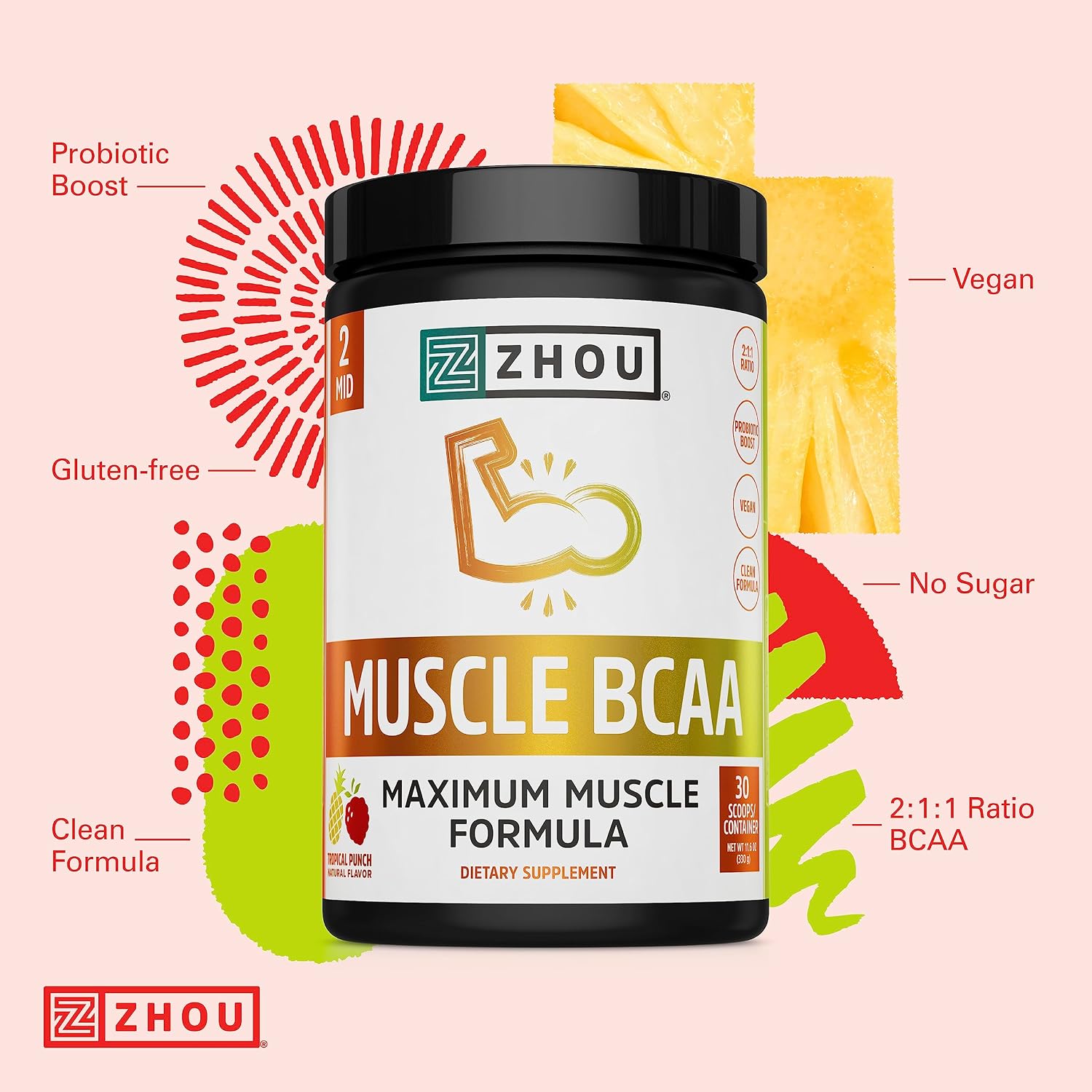 Zhou Muscle BCAA - Vegan BCAA Powder, BCAA Supplements for Men & Women, Support Muscle Recovery, Pre Workout Drink for Energy, All Natural Branched Chain BCAAs - Unflavored, 11.5 oz (30 Servings) - Image 5