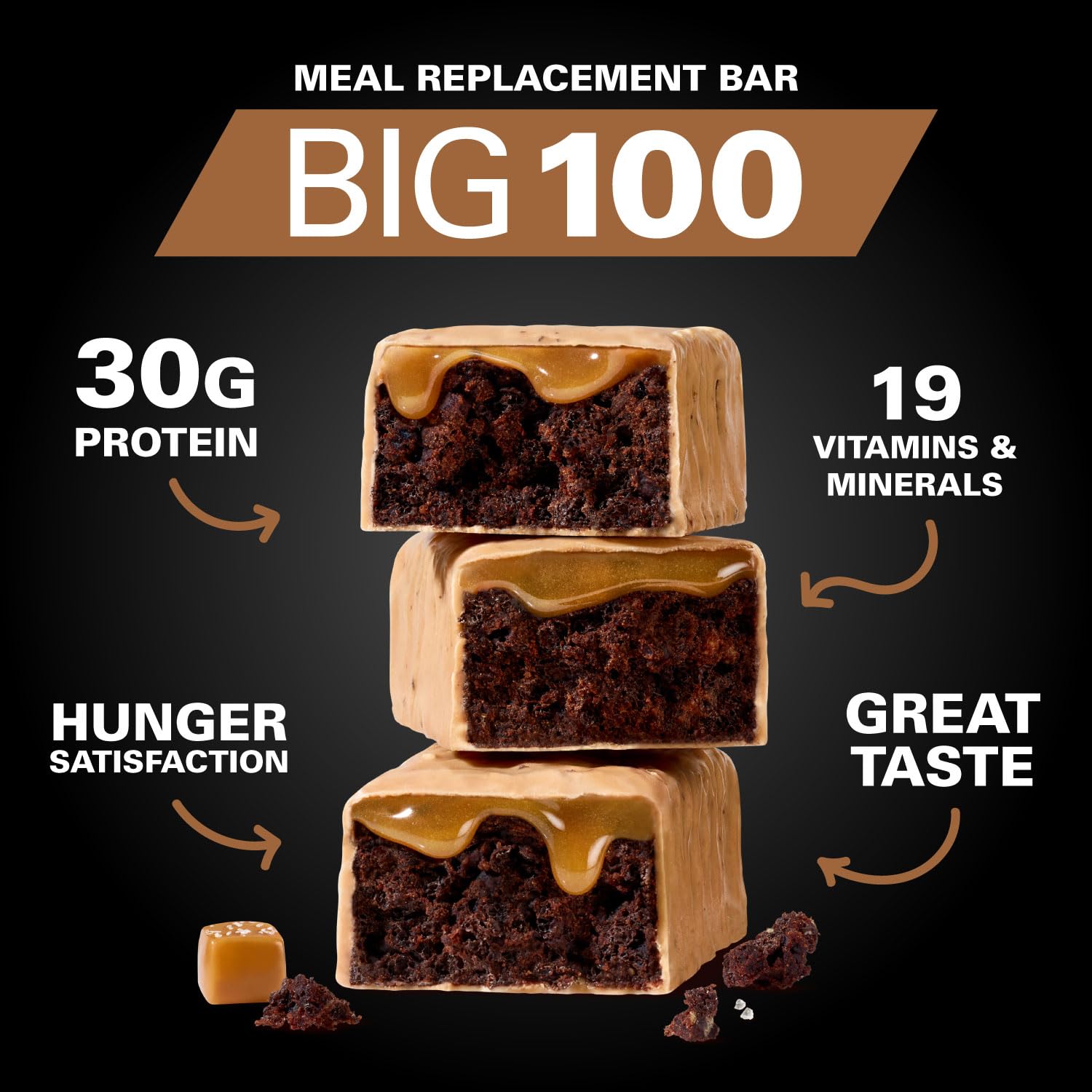MET-Rx Big 100 Protein Bar, Salted Caramel Brownie Crunch, 30G Protein | Great as Healthy Meal Replacement, Snack, and Help Support Energy, With Vitamin A, Vitamin C, and Zinc - Image 4
