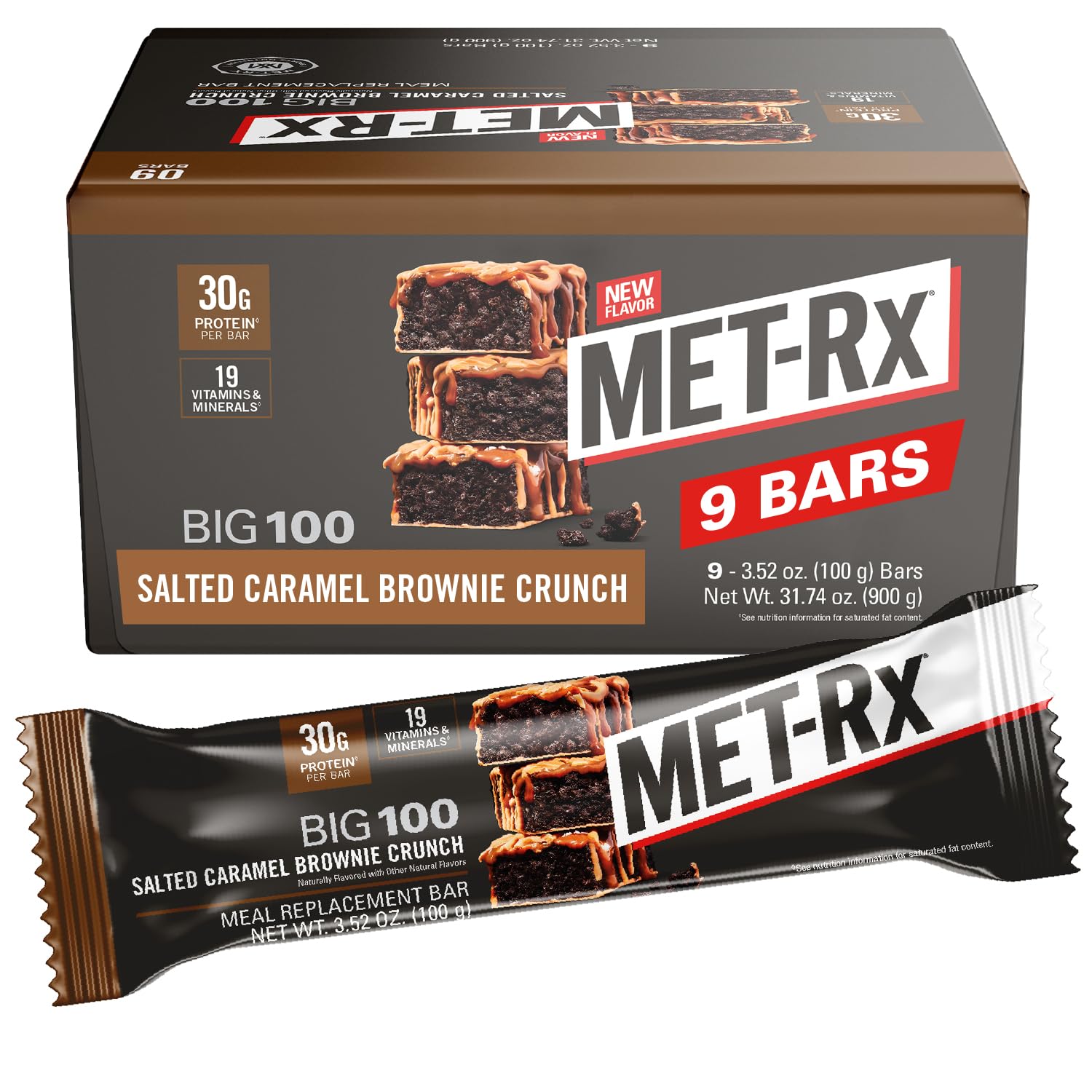 MET-Rx Big 100 Protein Bar, Salted Caramel Brownie Crunch, 30G Protein | Great as Healthy Meal Replacement, Snack, and Help Support Energy, With Vitamin A, Vitamin C, and Zinc - Image 2