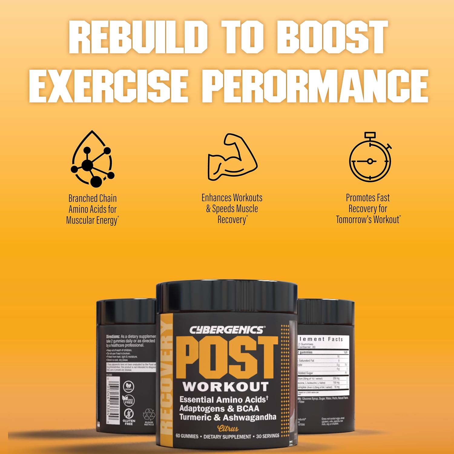 Post-Workout Gummies, Recovery Accelerator, Support Muscle Recovery & Joint Health, Essential Amino Acids, with Ashwagandha & Curcumin, BCAAs, Citrus Flavor, 60 Gummies, 30 Servings - Image 7