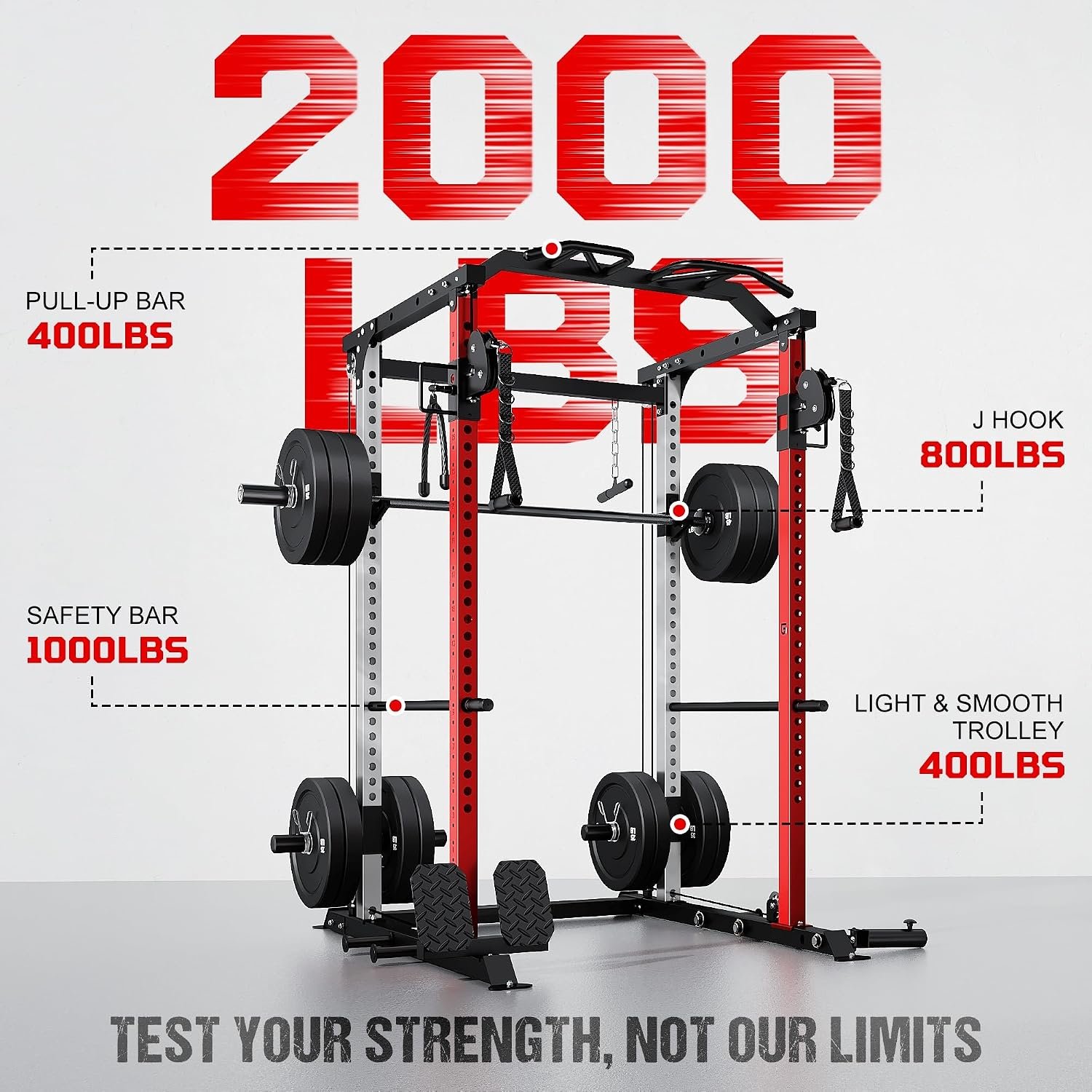 DP01 Power Cage, 2000LBS Squat Rack with Cable Crossover and Dual Independent Pulley System, Full Cage for Full Body Training, Power Rack with More Training Attachments for Home Gym - Image 7