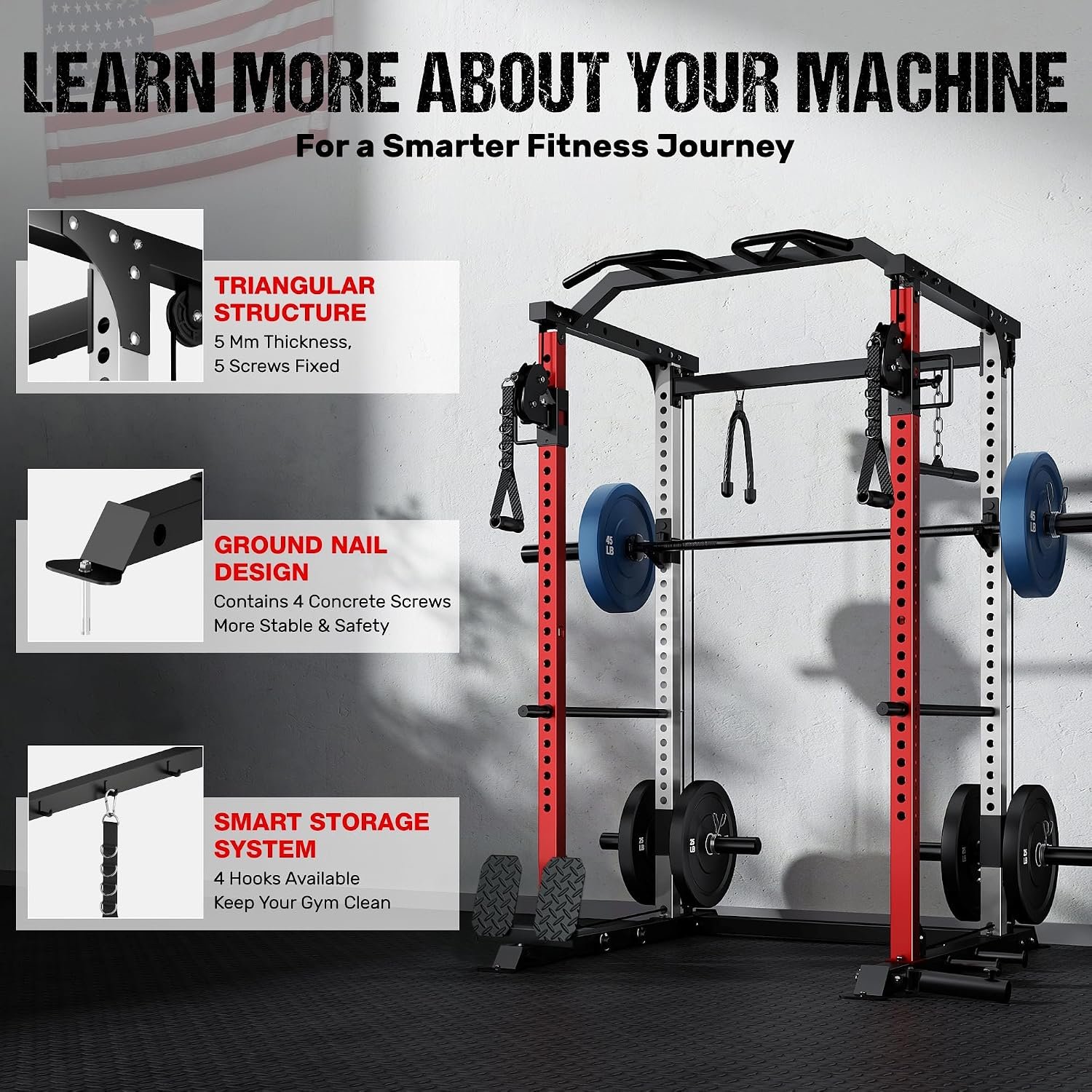 DP01 Power Cage, 2000LBS Squat Rack with Cable Crossover and Dual Independent Pulley System, Full Cage for Full Body Training, Power Rack with More Training Attachments for Home Gym - Image 6