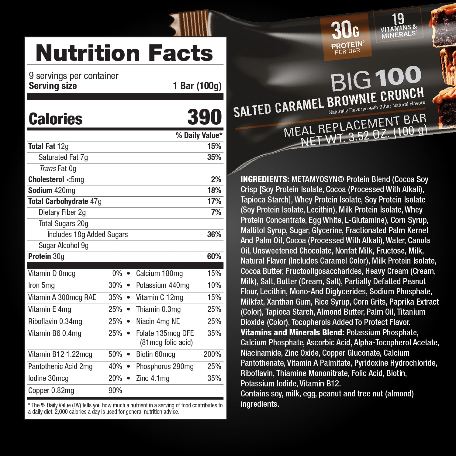 MET-Rx Big 100 Protein Bar, Salted Caramel Brownie Crunch, 30G Protein | Great as Healthy Meal Replacement, Snack, and Help Support Energy, With Vitamin A, Vitamin C, and Zinc - Image 6