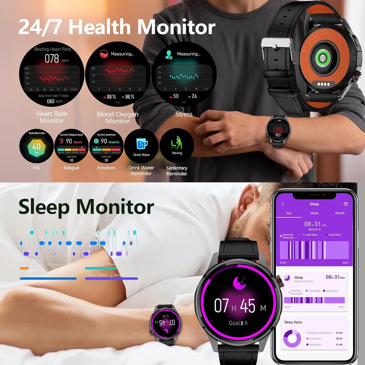 Smart Watch, GPS & Free Maps, AI, Bluetooth Call & Text, Health, Sleep & Fitness Tracker, 100+ Sport Modes, Waterproof, Long Battery Life, Waterproof, Compass, Barometer, 2 Bands Smartwatch for Men - Image 7
