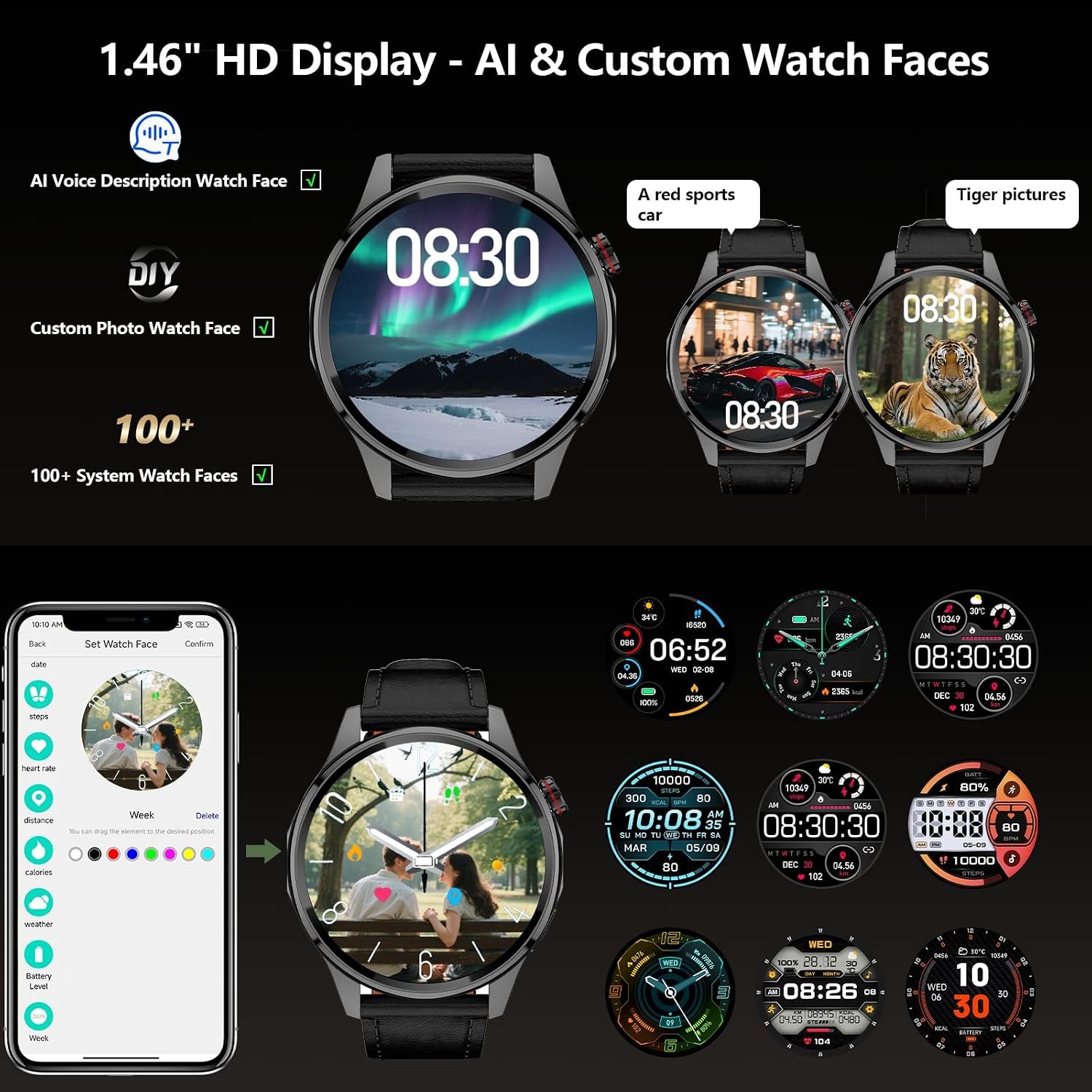 Smart Watch, GPS & Free Maps, AI, Bluetooth Call & Text, Health, Sleep & Fitness Tracker, 100+ Sport Modes, Waterproof, Long Battery Life, Waterproof, Compass, Barometer, 2 Bands Smartwatch for Men - Image 8