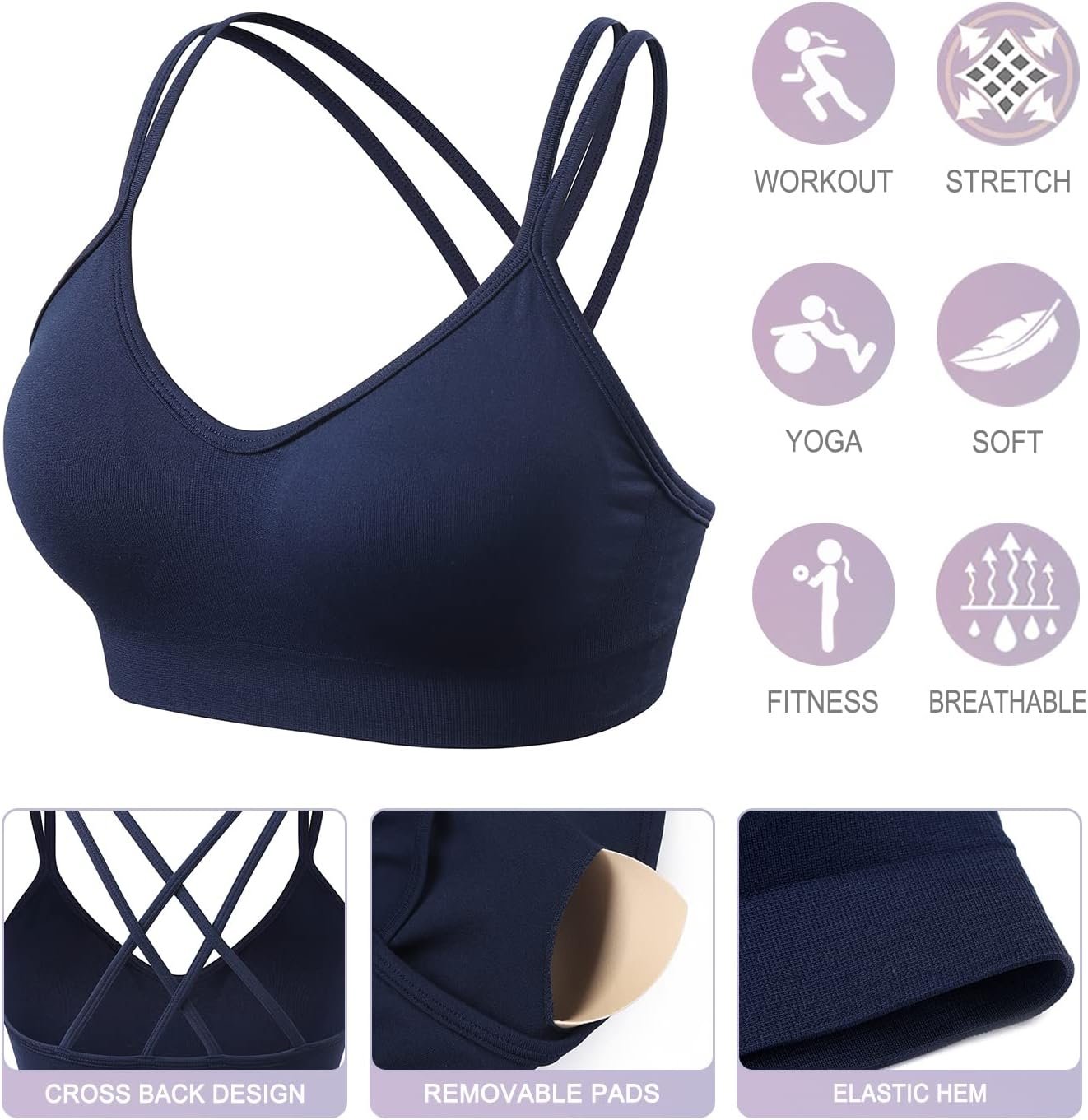 VEQKING Strappy Cross Back Women Sports Bras with Removable Cups - Image 6