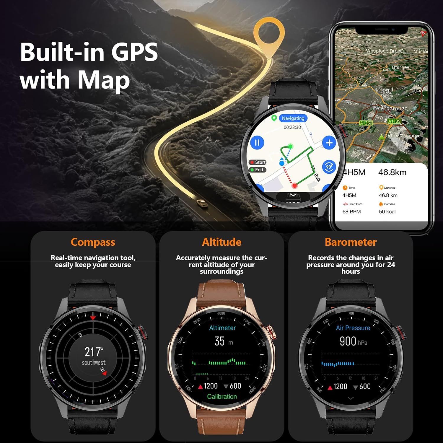 Smart Watch, GPS & Free Maps, AI, Bluetooth Call & Text, Health, Sleep & Fitness Tracker, 100+ Sport Modes, Waterproof, Long Battery Life, Waterproof, Compass, Barometer, 2 Bands Smartwatch for Men - Image 3