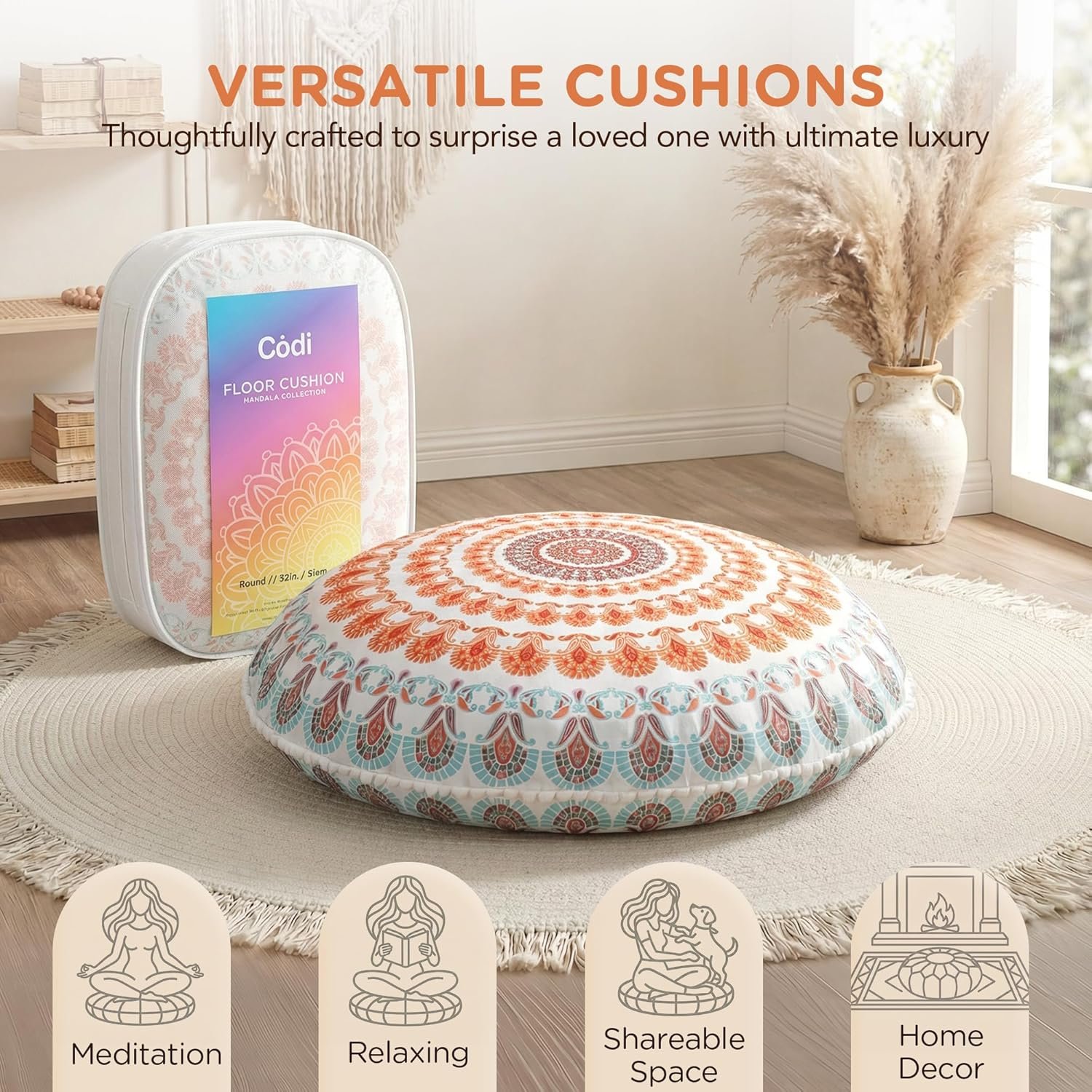 Codi 32-inch Floor Pillow, Large Meditation Cushions for Adults, Coral - Image 7
