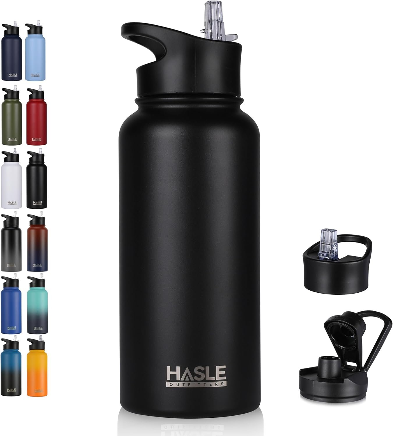 HASLE OUTFITTERS 32 oz Insulated Water Bottle Stainless Steel Double Walled Vacuum Sports Water Bottle with 2 Lids (Straw and Spout Lid) for Gym Camping Hiking(Black,1) - Image 2